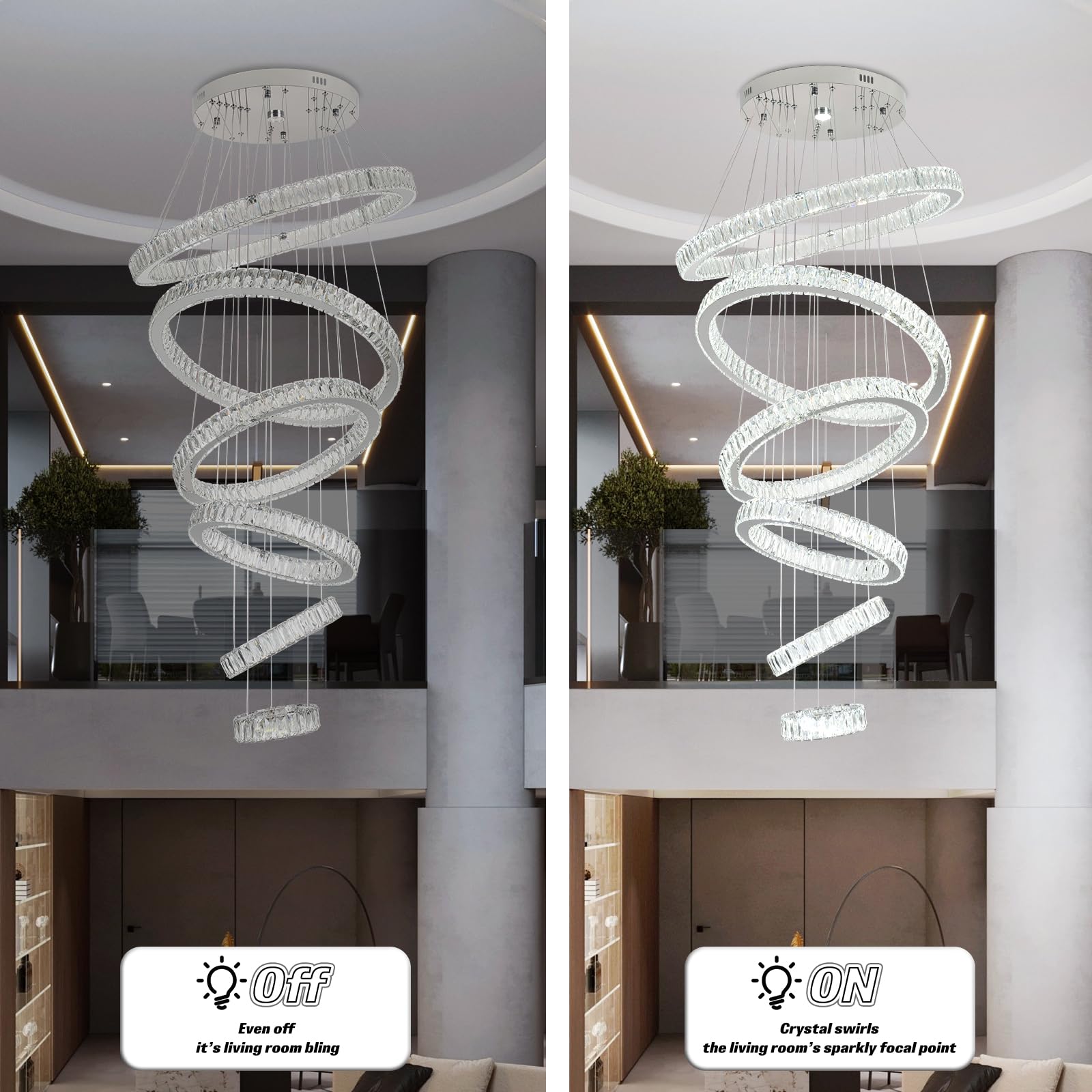 Finktonglan 6-Ring Crystal LED Chandelier, Cool White 6000K Modern Pendant Light, Adjustable Height up to 118", K9 Stainless Rings (Ø7.9–27.6"), Non-Dimmable for Foyer Stair Living Room