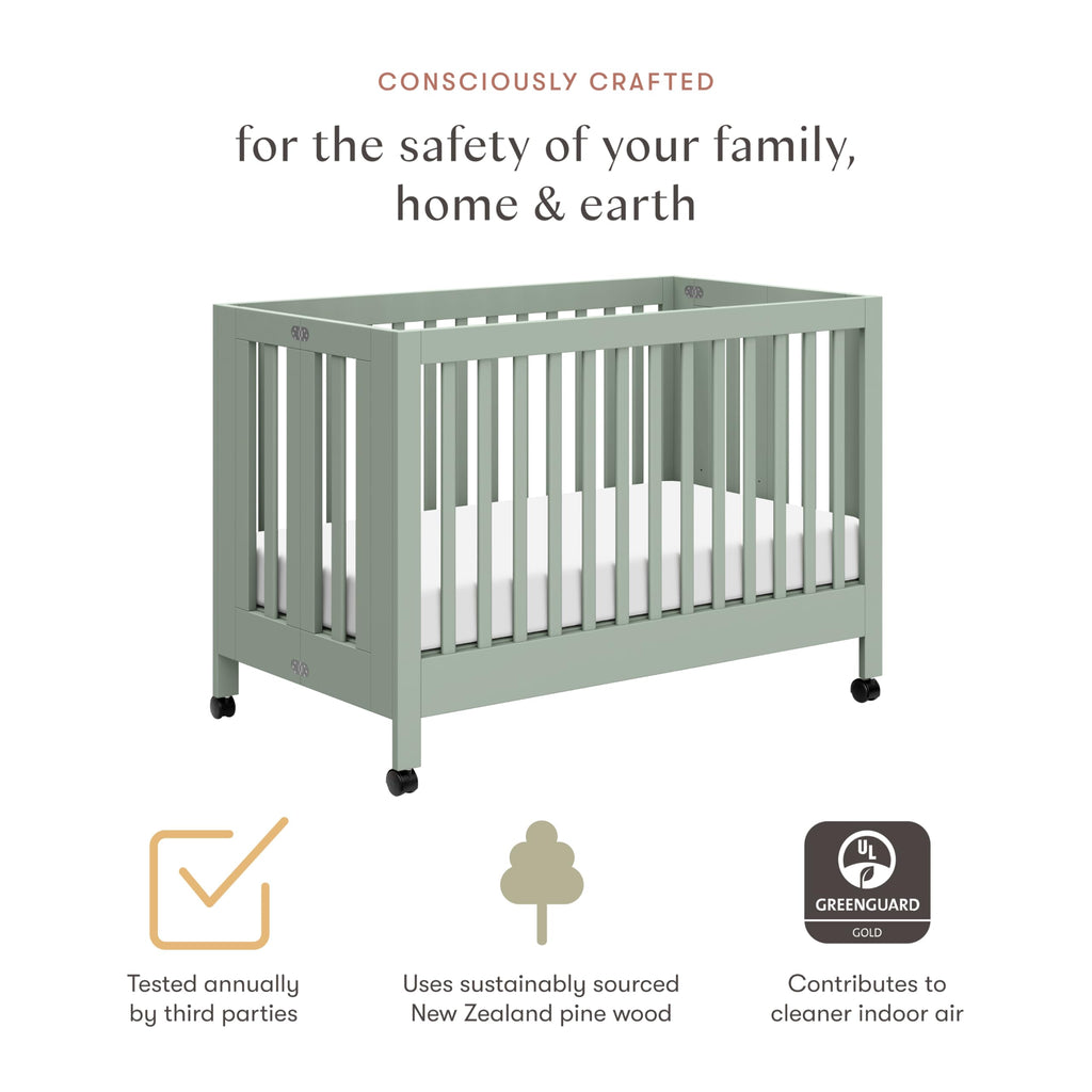 Babyletto Maki Full-Size 2-in-1 Portable Folding Crib with Toddler Bed Conversion Kit in Light Sage, Greenguard Gold Certified