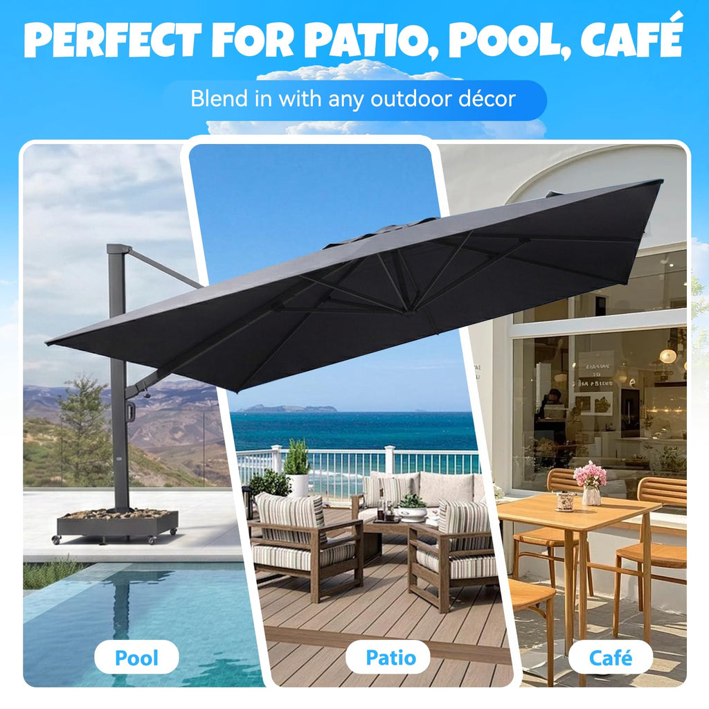 DRKSBESTO Cantilever Umbrella Base with Wheels, Heavy Duty Patio Umbrella Base Fillable with Stones, Large 37.79 Inch Square Base, Steel Frame Outdoor Stand for Offset Umbrellas