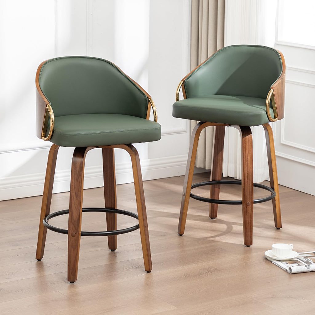 YOUUGIOR 24.8" Swivel Counter Height Bar Stools Set of 3,Green Leather Barstools Mid Century Modern Bar Chairs with Wood Legs and Golden Arms for Kitchen Dining Pub Cafe