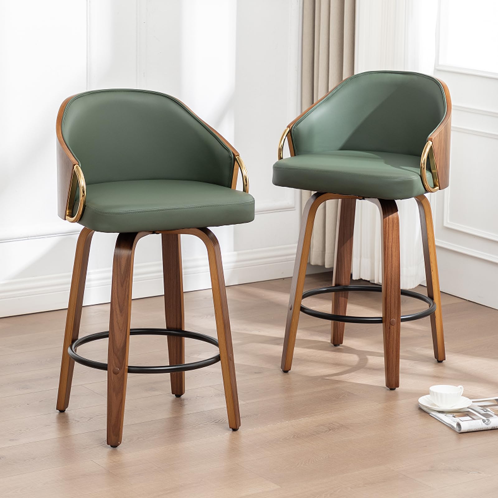 YOUUGIOR 24.8" Swivel Counter Height Bar Stools Set of 3,Green Leather Barstools Mid Century Modern Bar Chairs with Wood Legs and Golden Arms for Kitchen Dining Pub Cafe