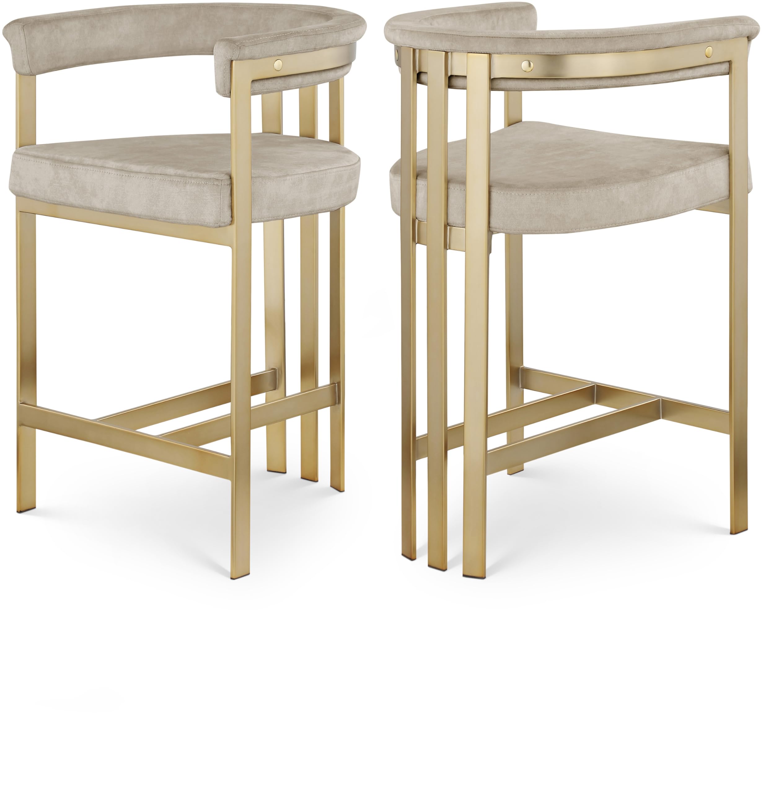 Meridian Furniture 596Stone-C Marcello Collection Modern | Contemporary Velvet Upholstered Counter Height Stool with Brushed Brass Iron Frame, 22.5" W x 20" D x 35.5" H, Stone, Set of 2