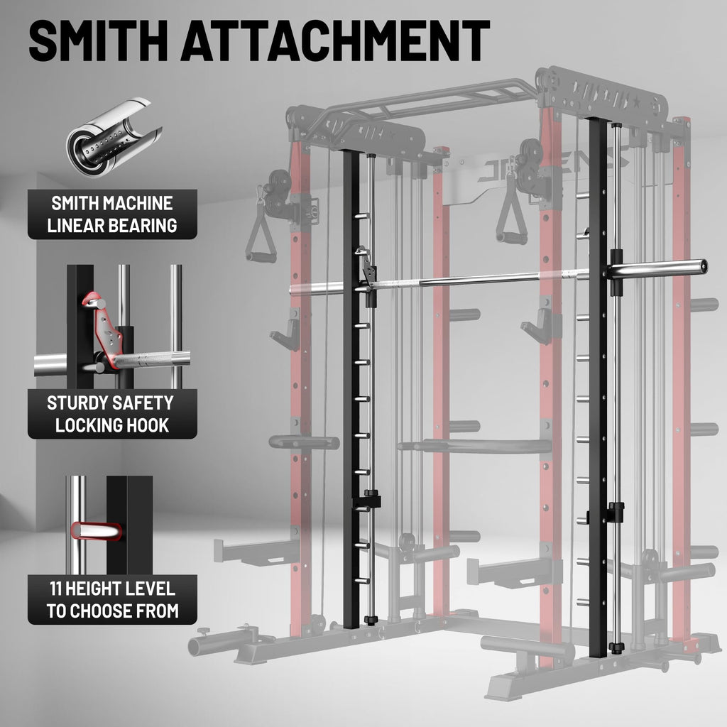 JELENS Smith Machine for Home Gym, Multi-Function M12 Power Cage, Squat Rack with Smith Bar and More Attachment (Red, M12 Smith Machine)