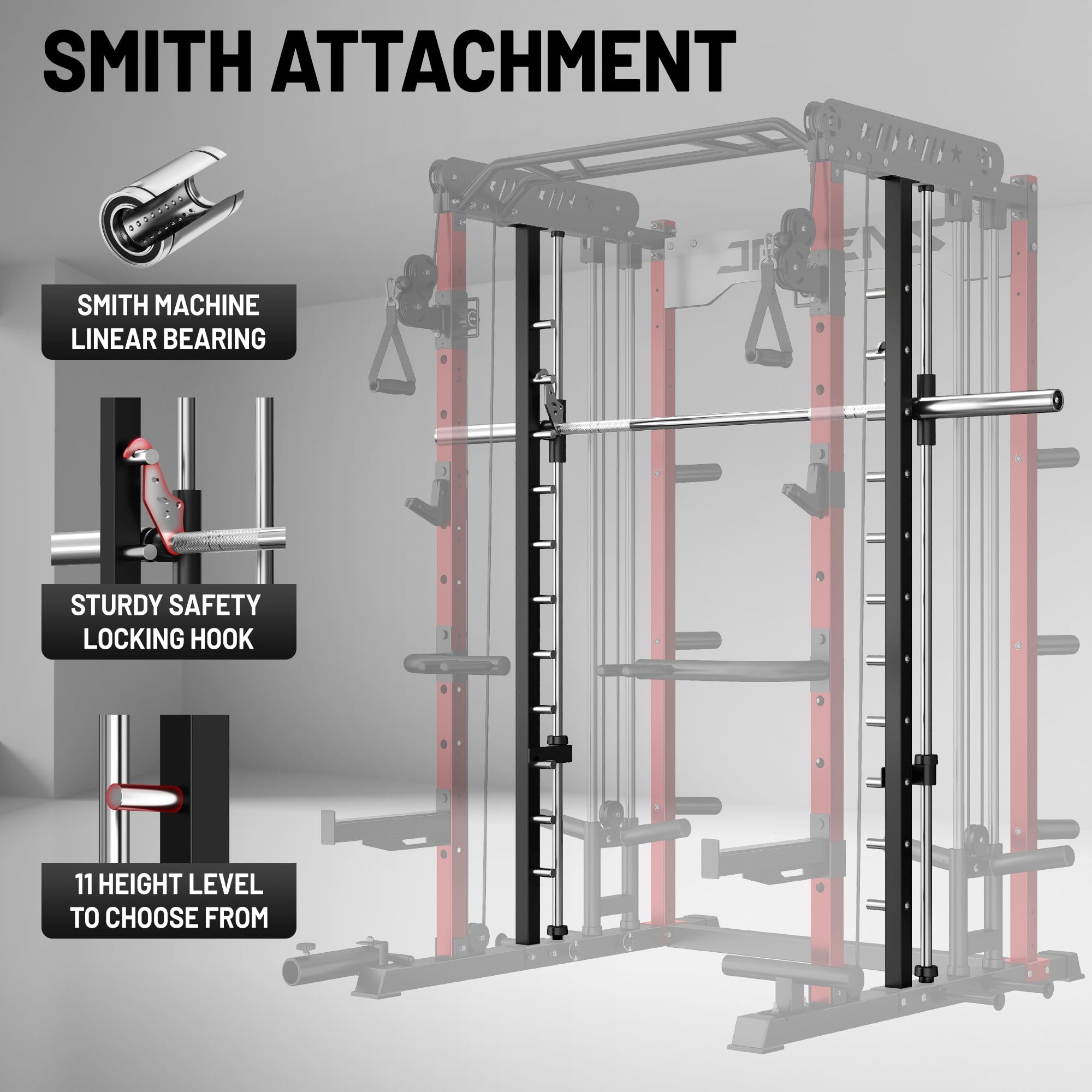 JELENS Smith Machine for Home Gym, Multi-Function M12 Power Cage, Squat Rack with Smith Bar and More Attachment (Red, M12 Smith Machine)