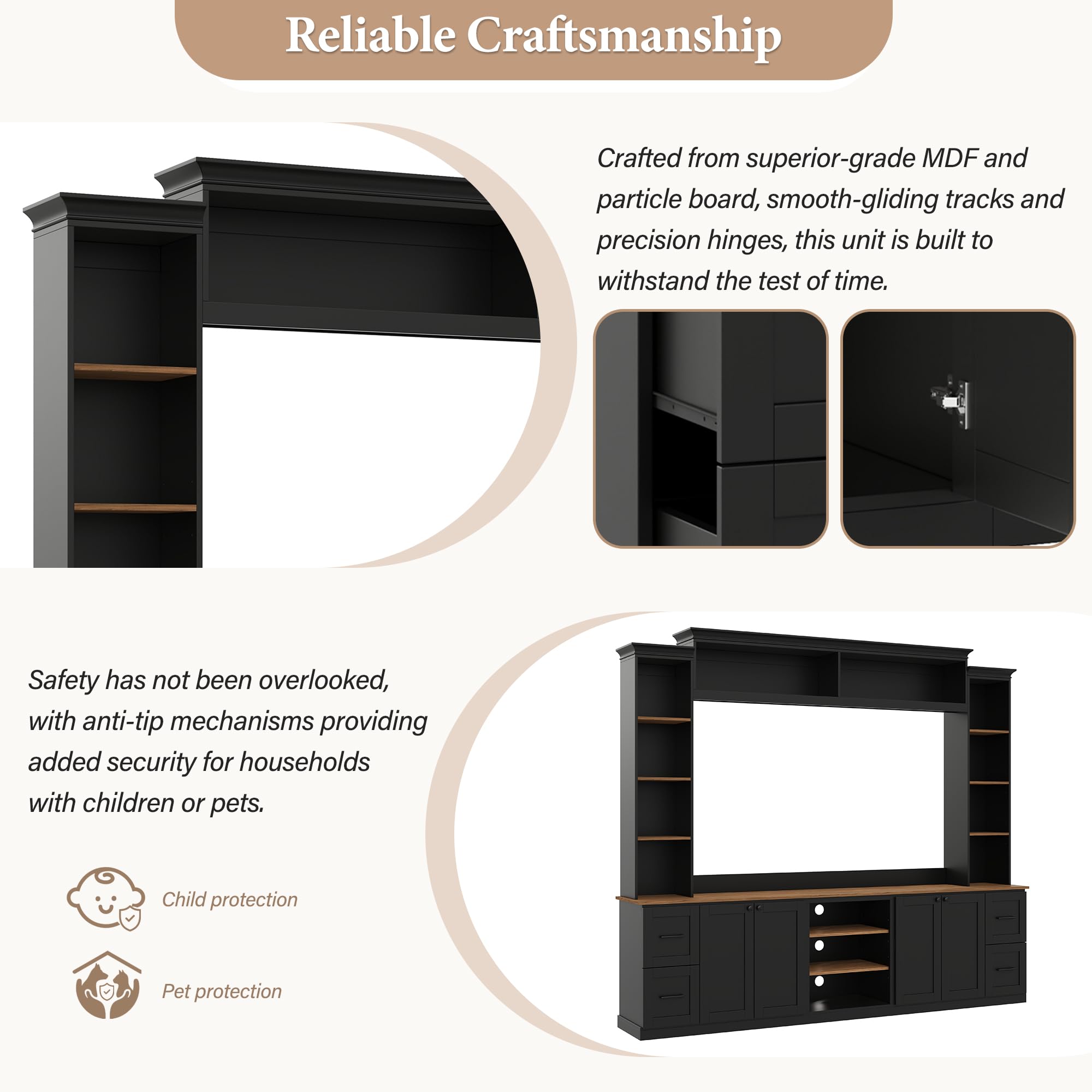 Merax 4-in-1 Wall Unit Entertainment Center with Bookshelf for TVs Up to 70", Farmhouse Large TV Stand with Walnut Adjustable Shelves, Elegant Retro Media Console with Drawers for Living Room, Black
