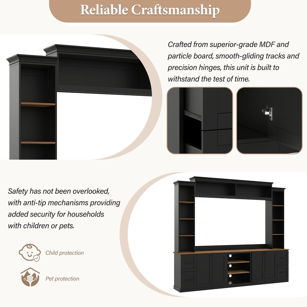 Ball & Cast 94.8" Entertainment Center Wall Unit with Bookshelf for TVs Up to 70",Farmhouse Large TV Stand with Walnut Adjustable Shelves,Retro Media Console with 4 Drawers for Living Room,Black