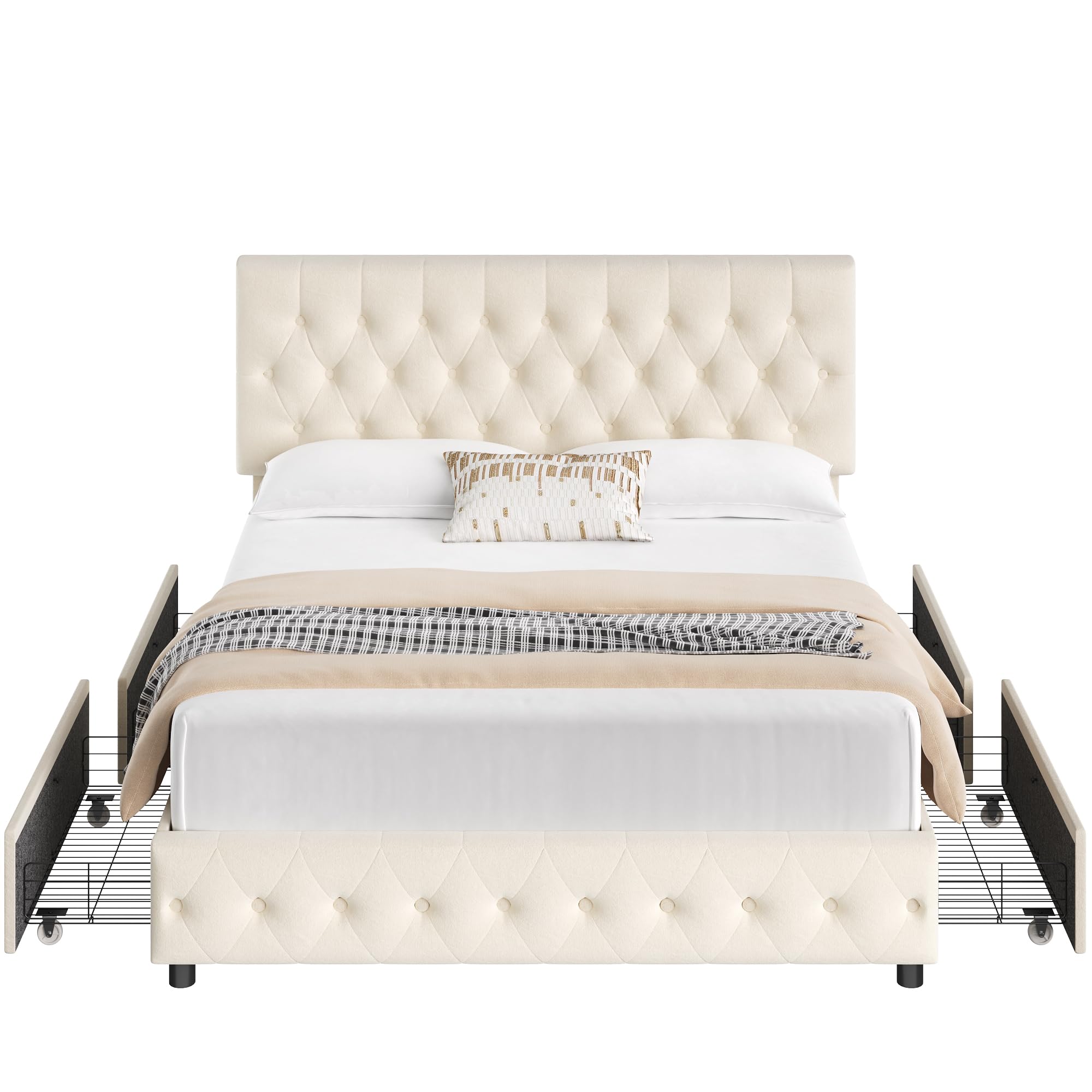 Keyluv Modern Queen Size Upholstered Bed Frame with 4 Storage Drawers, Button Tufted Headboard Design, Solid Wooden Slat Support, Easy Assembly, Soft Velvet, Beige