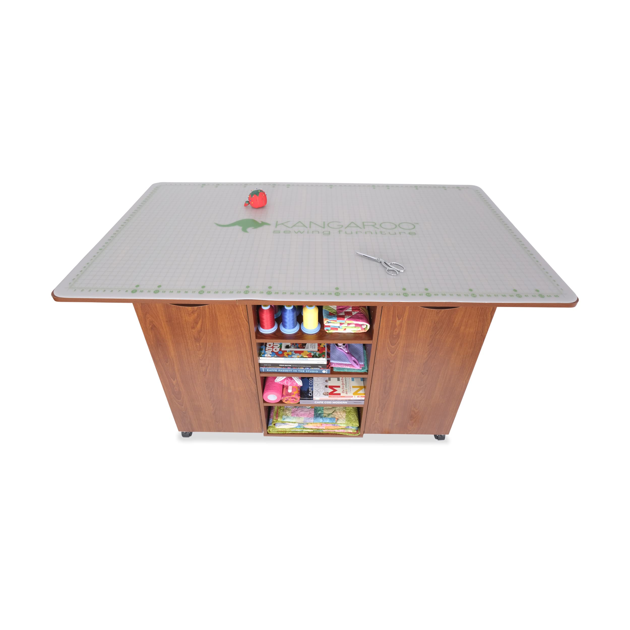 Kangaroo Kookaburra Cutting Table – Large Sewing, Quilting & Craft Workstation with Expandable 70” x 40” Surface, Storage Drawers, Shelves & Rolling Locking Casters, Teak Finish