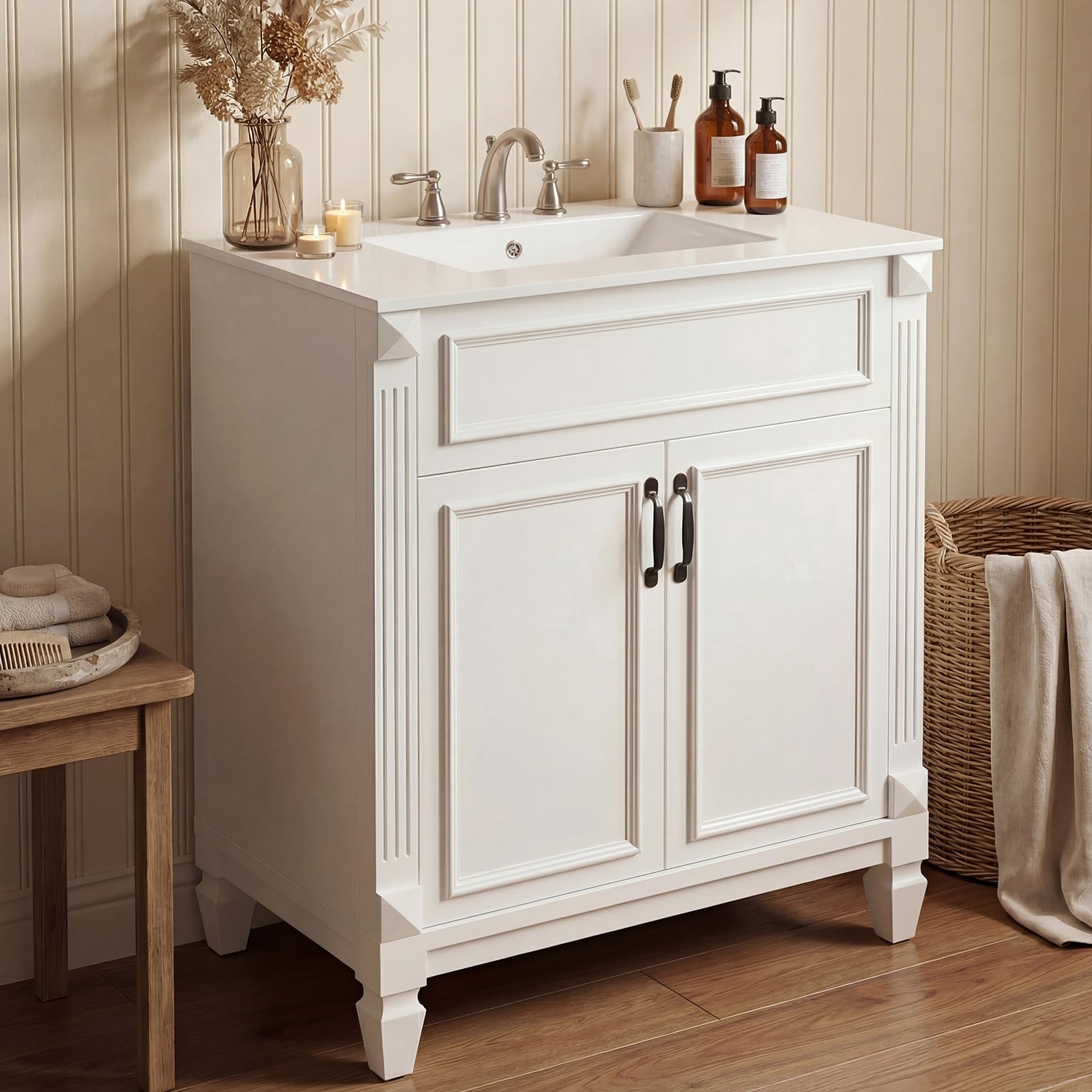 Sweetcrispy 30" Bathroom Vanity with Sink, Bathroom Storage Vanity Sink with 2 Doors, Farmhouse Wooden Free Standing Bathroom Cabinet with Sink, Easy Assembly, NO Mirror Faucet, Ivory White