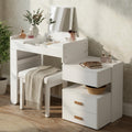Merax Makeup Vanity Desk with Flip-Top Mirror and Lights, Modern Vanity Set with Cushioned Stool, 3-in-1 Dressing Table with Retractable Side Cabinet and Ample Drawers for Bedroom, White