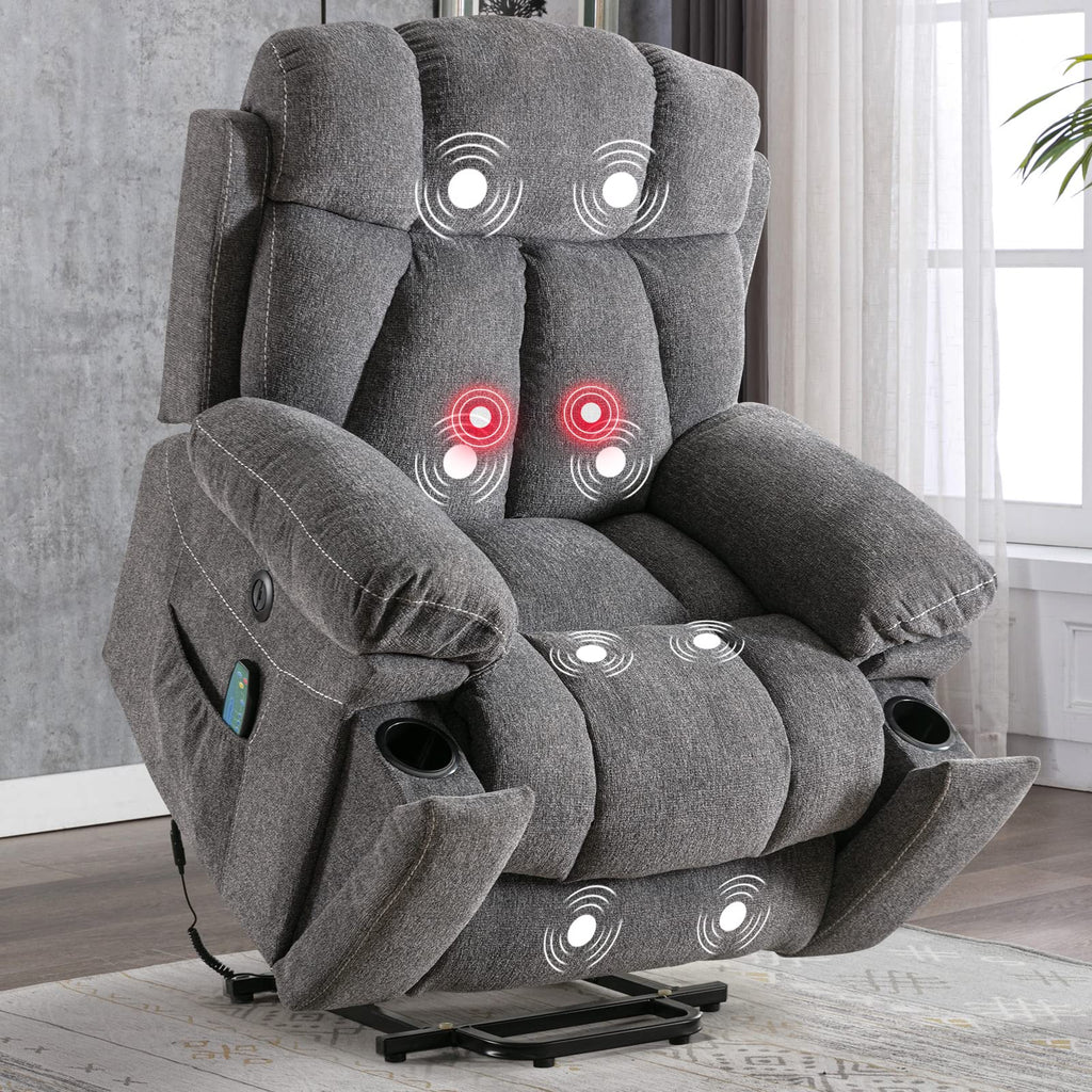CANMOV Large Power Lift Recliner Chairs with Massage and Heat for Elderly Big People, Heavy Duty Motion Reclining Mechanism-Anti Skid Fabric Recliner Chair with 2 Concealed Cup Holders,Dark Gray