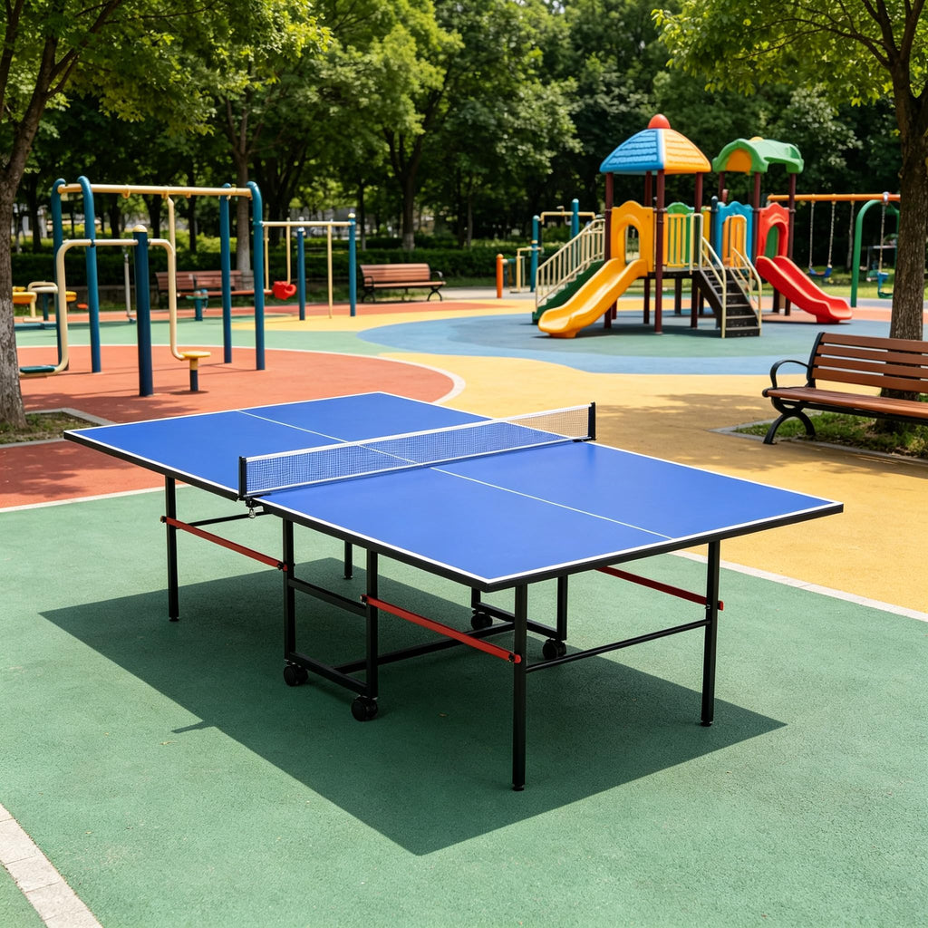 8FT Table Tennis Table with Net, Indoor/Outdoor Professional Ping Pong Table for Kids Adults, Folding Ping Pong Table, Complete Set with Paddles and Balls, School Playground Game Table (Blue)