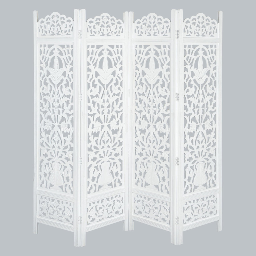 Lightnpro 4-Panel Wooden Room Divider 72"×72" - Hand-Carved Floral Folding Privacy Screen | Pre-Assembled Large Decorative Partition for Living Room, Bedroom, Office & Boho Home Décor - Antique White