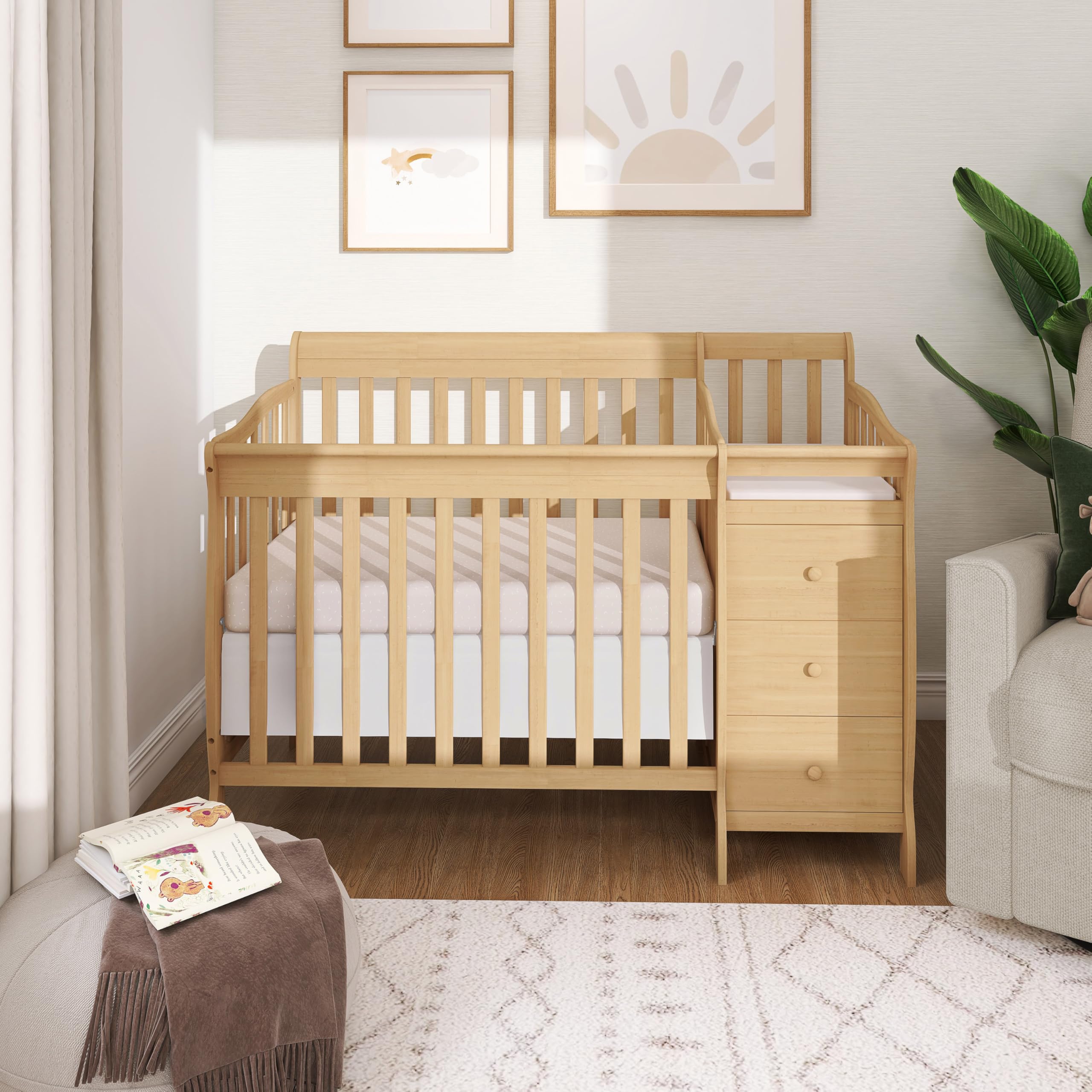 Dream On Me Jayden 4‑in‑1 Mini Convertible Baby Crib & Changer with Storage in Natural, Pinewood, GreenGuard Gold & BSA, 1” Mattress Pad, 3 Mattress Heights, Converts to Mini Day & Twin-Size Bed