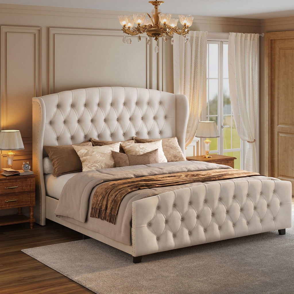 VASAGLE King Bed Frame with Tall Headboard, Upholstered Platform Bed Frame King Size, with Wingback Tufted Headboard and Footboard, Wooden Slats, No Box Spring Needed, Cappuccino Beige URMB884W01