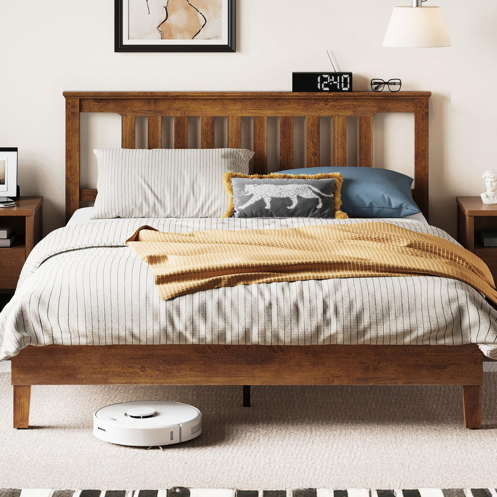 LINSY Solid Wood Bed Frame, Full Bed Frames Wooden Platform Frame with Headboard and Slat Bases, Mid Century Modern Bedframe No Box Spring Needed, Easy Assembly, Antique Walnut