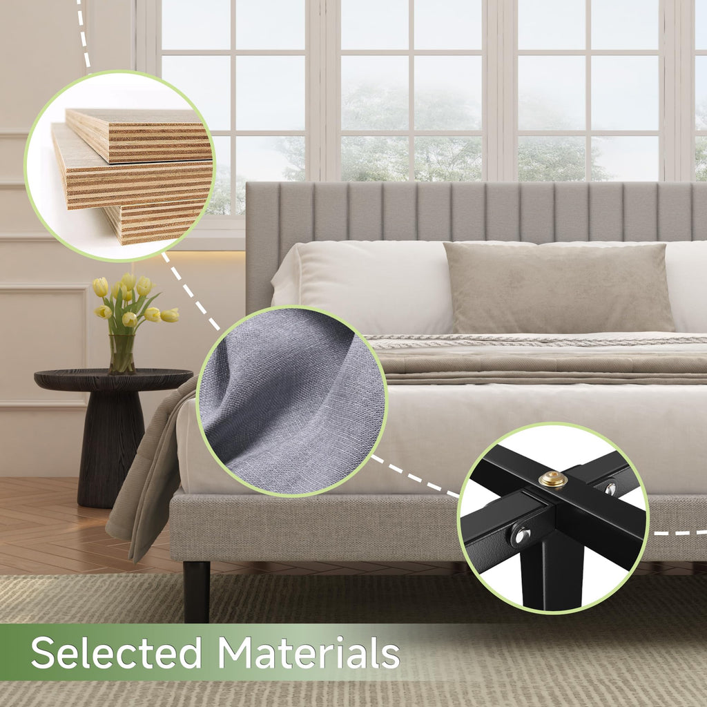 Mxhtcewz King Size Platform Bed Frame with Vertical Channel Tufted Headboard, No Box Spring Needed, Noise-Free, Easy Assembly, Light Grey Linen