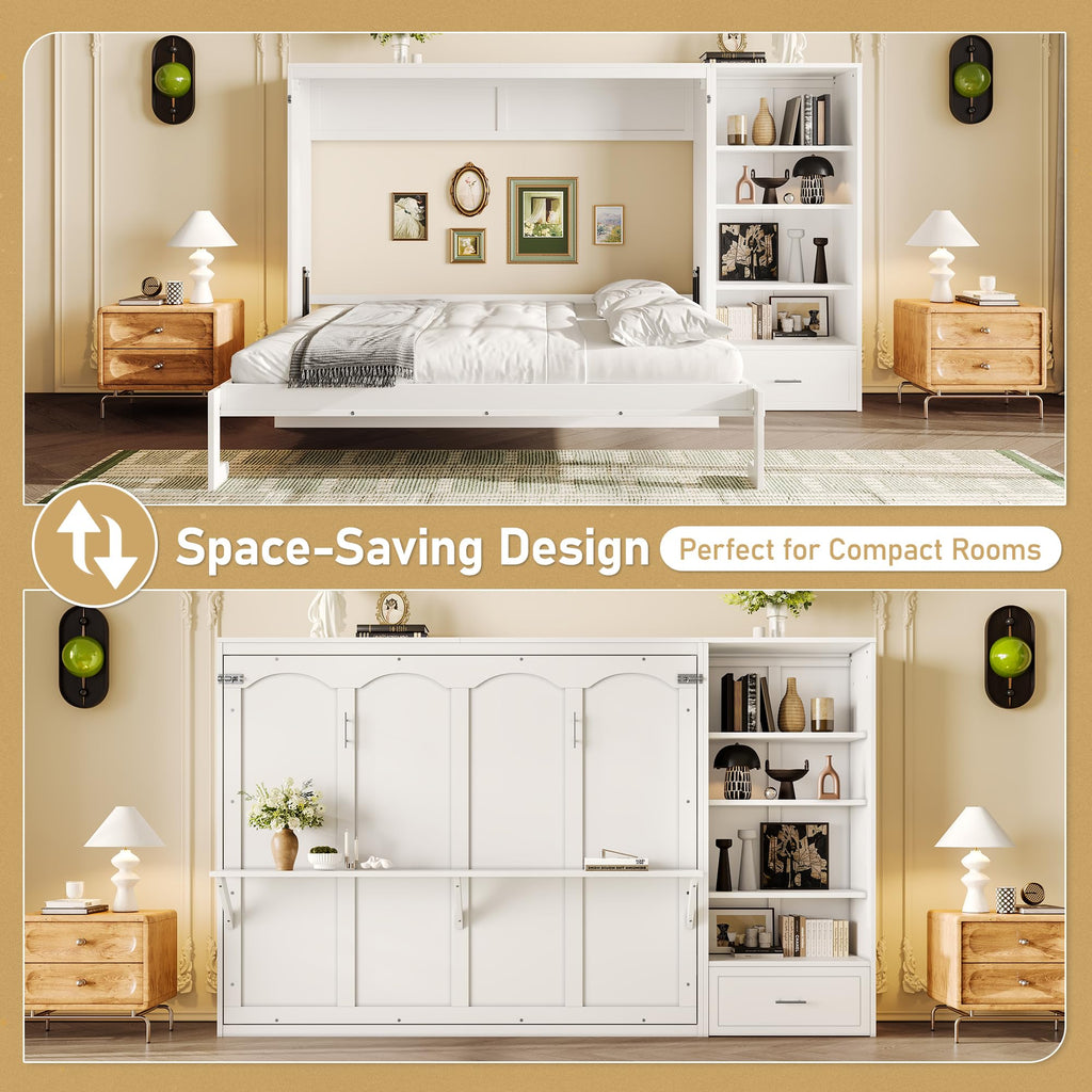 Merax Queen Murphy Bed with 3 Height Adjustable Storage Shelves & 1 Drawer, Wall Bed Frame Multifunctional Foldable Platform Bed for Small Space, Bedroom, Guest Room, Bear 500LBS (White)