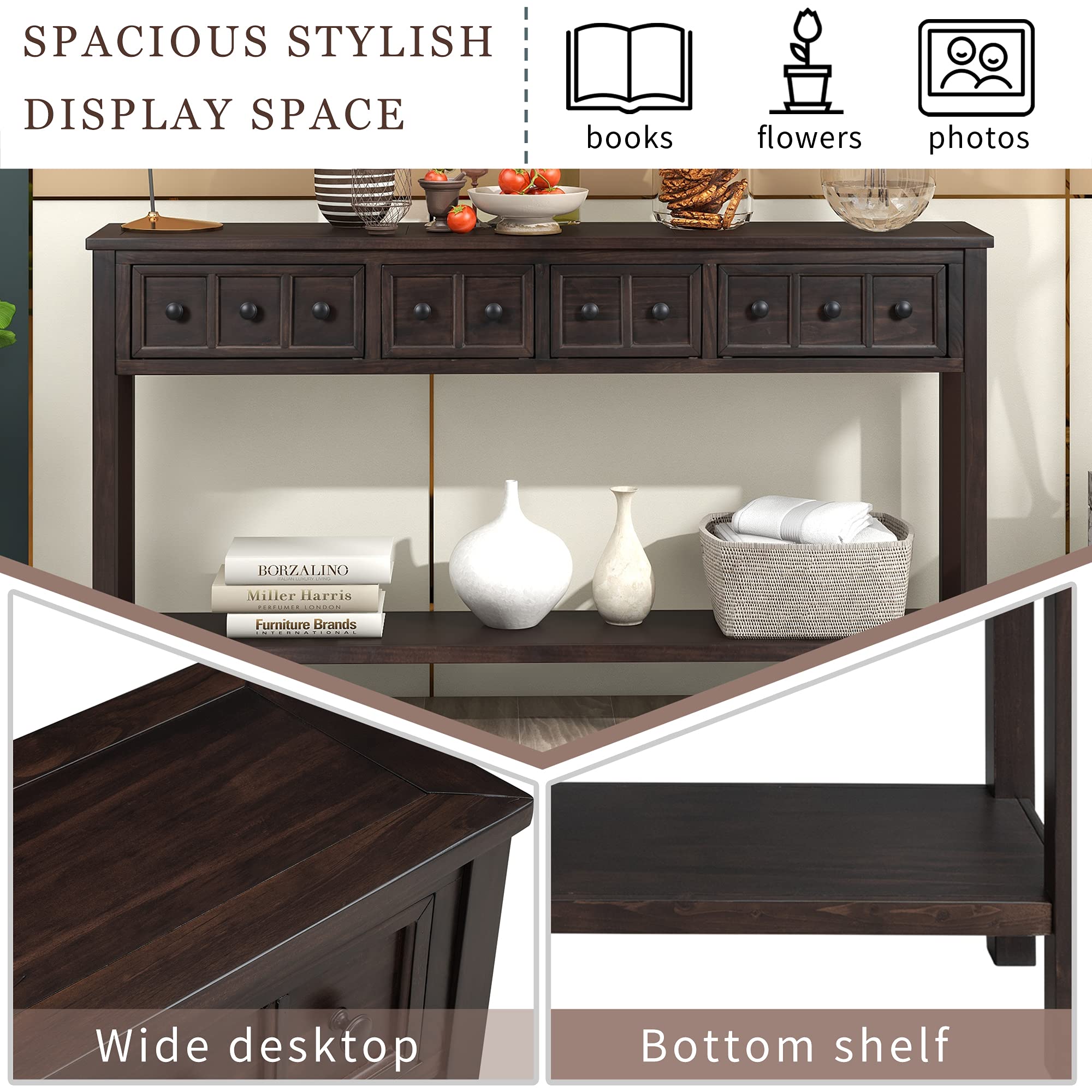 Merax Rustic Console Table for Hallway,Wood Narrow Sideboad with Drawers and Bottom Shelf for Entryway, Espresso
