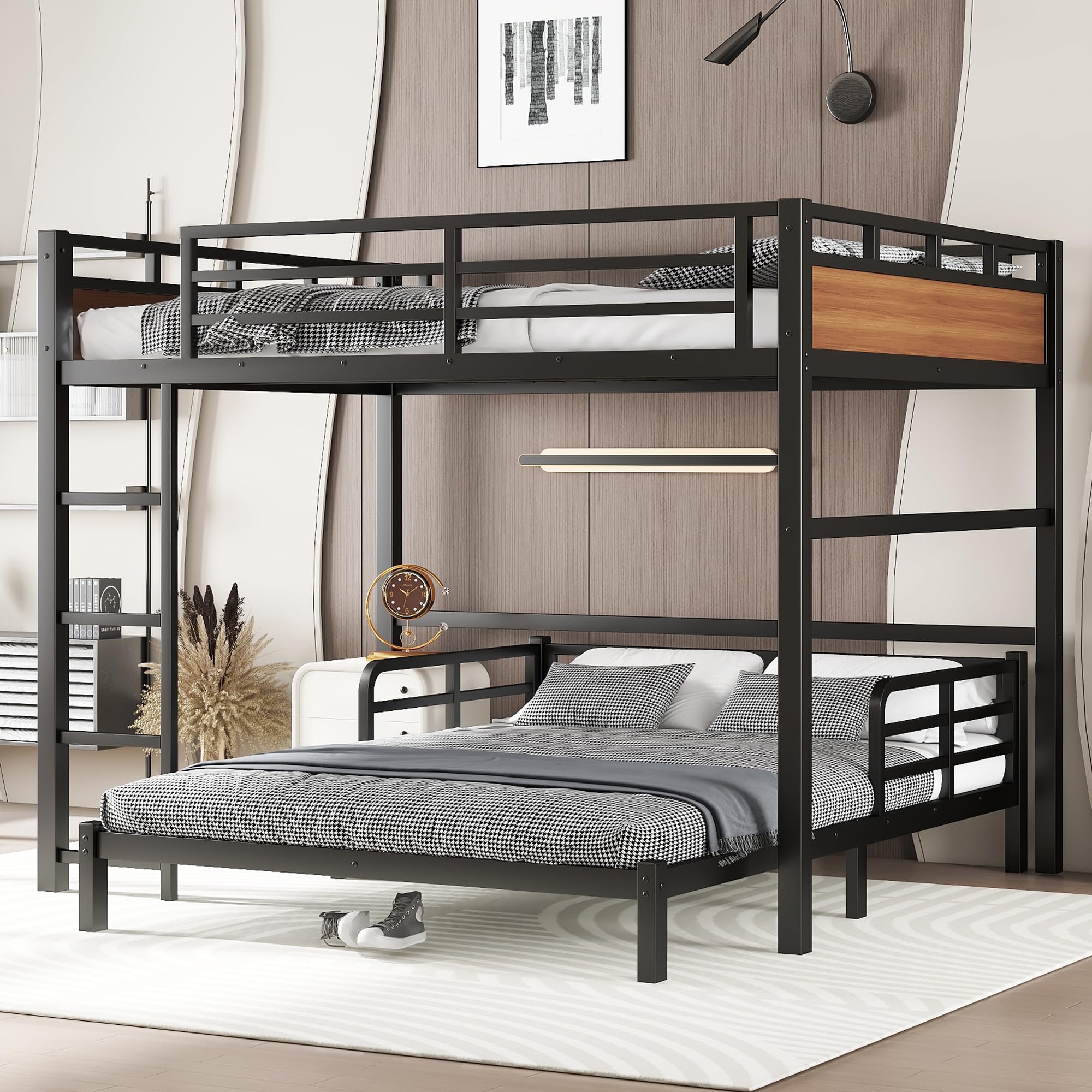 Bellemave Queen Over Queen Bunk Bed, Separable Bunk Beds for Kids & Adults, Converts to Loft Bed and Platform Bed, Heavy Duty Metal Bunkbed with Guardrails, No Box Spring Needed, Walnut