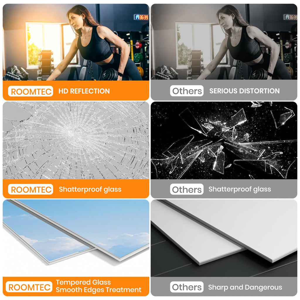 ROOMTEC Home Gym Mirror, 72"x 48"-1 PCS Frameless Gym Mirrors for Home Gym, Large Full Body Tempered Glass Wall Mounted Mirror for Yoga Room, Dance Studio, Workout Room