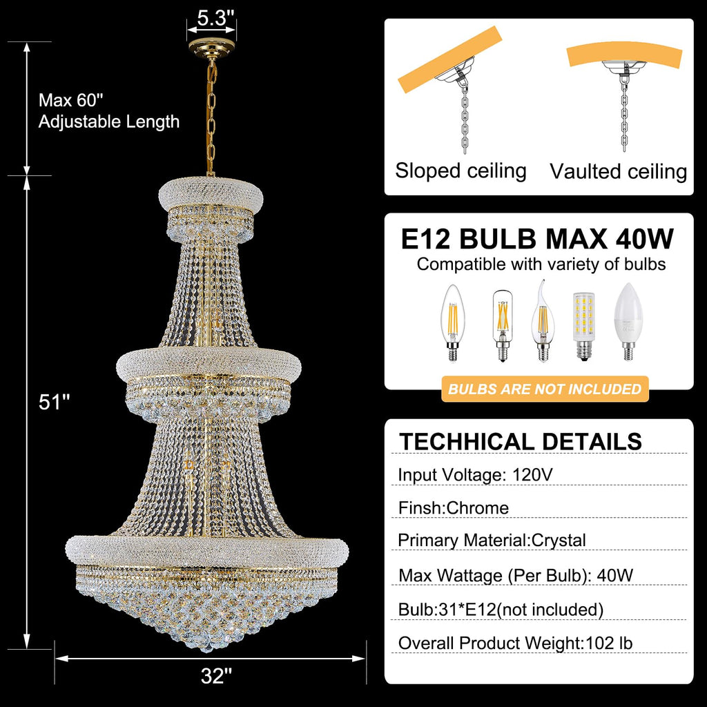 Homeooze 31 - Light Large Empire Crystal Chandelier for High Ceiling Foyer Entryway Staircase Living Room Dining Room Gold Finish