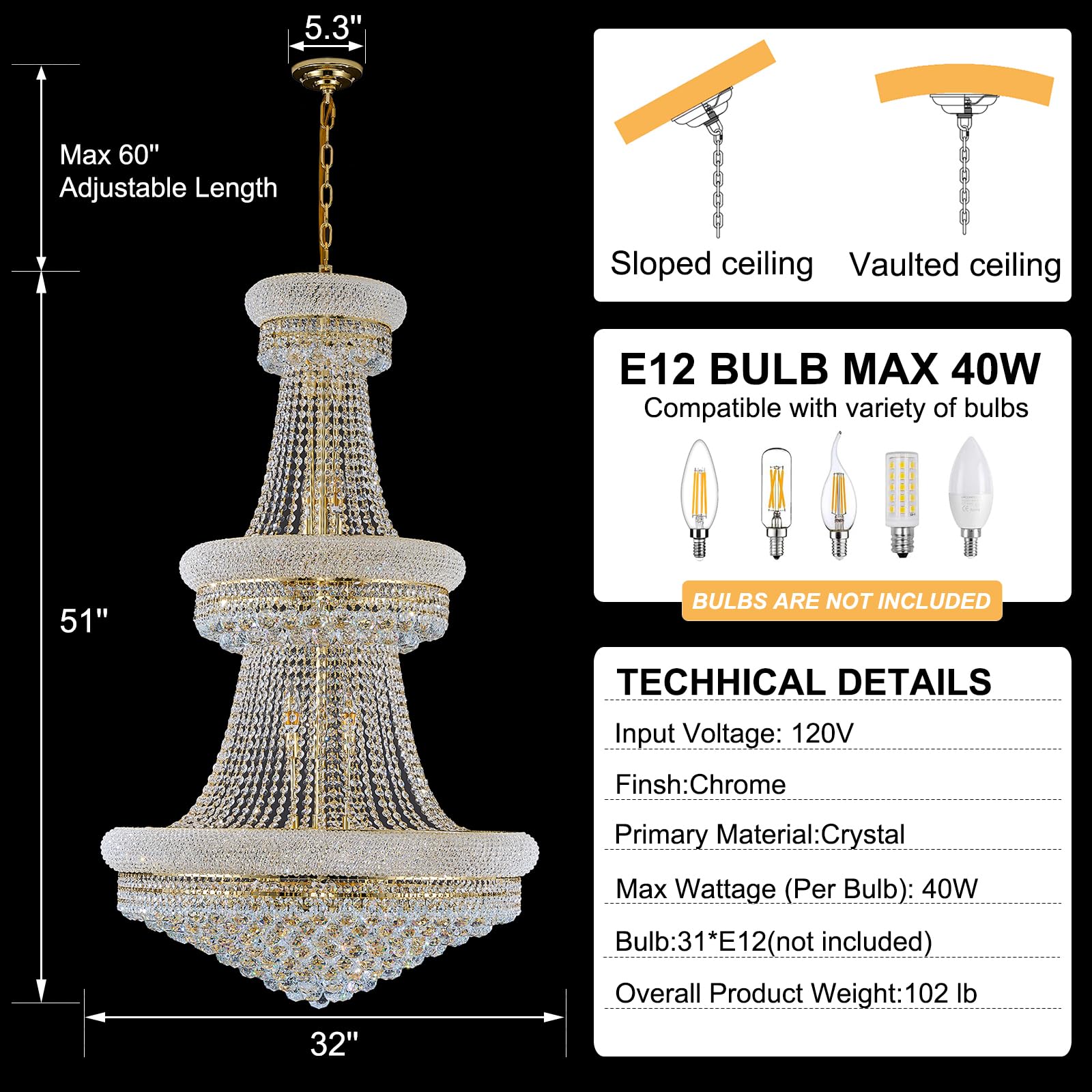 Homeooze 31 - Light Large Empire Crystal Chandelier for High Ceiling Foyer Entryway Staircase Living Room Dining Room Gold Finish