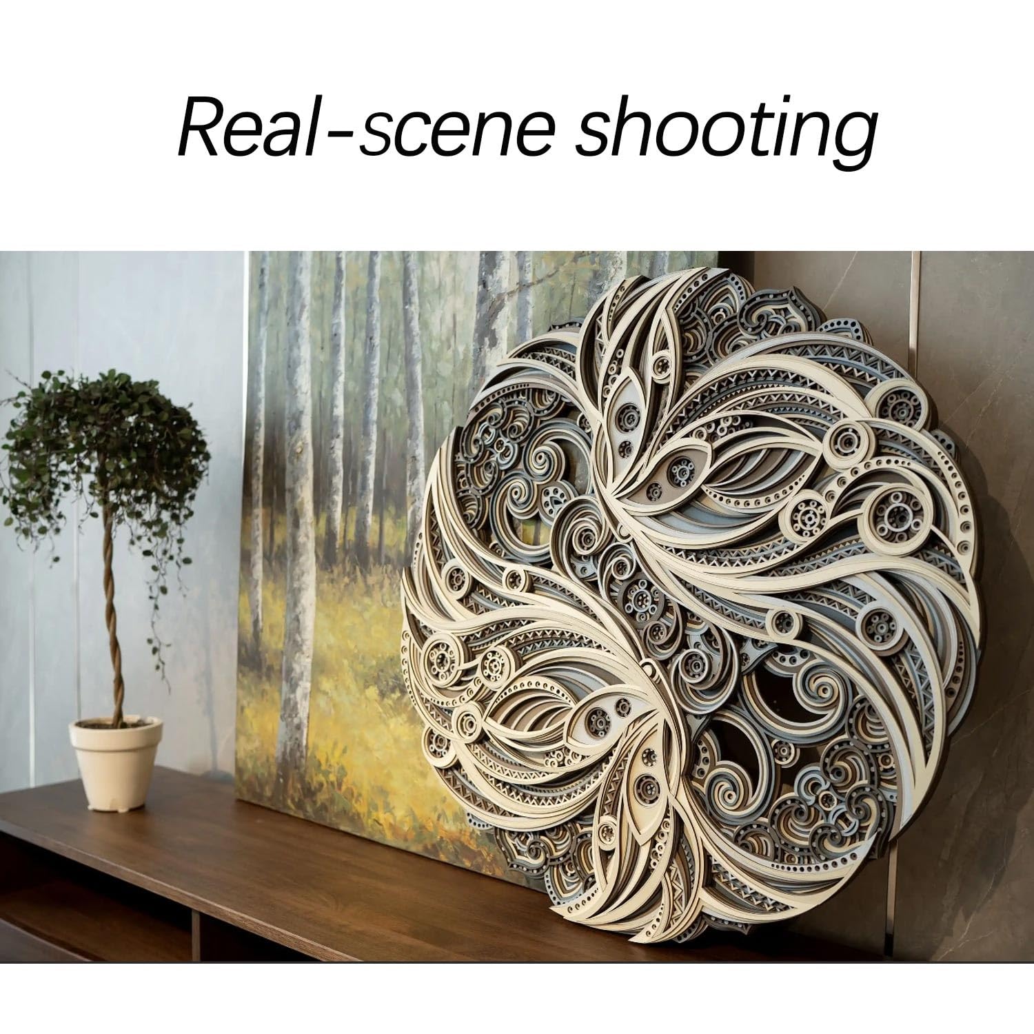 FARIDRUN Multi-layer wall art, large geometric wooden wall art, mandala laser-cut art, 3D murals, tapestries, wall decorations(23.6 inches x 23.6 inches)