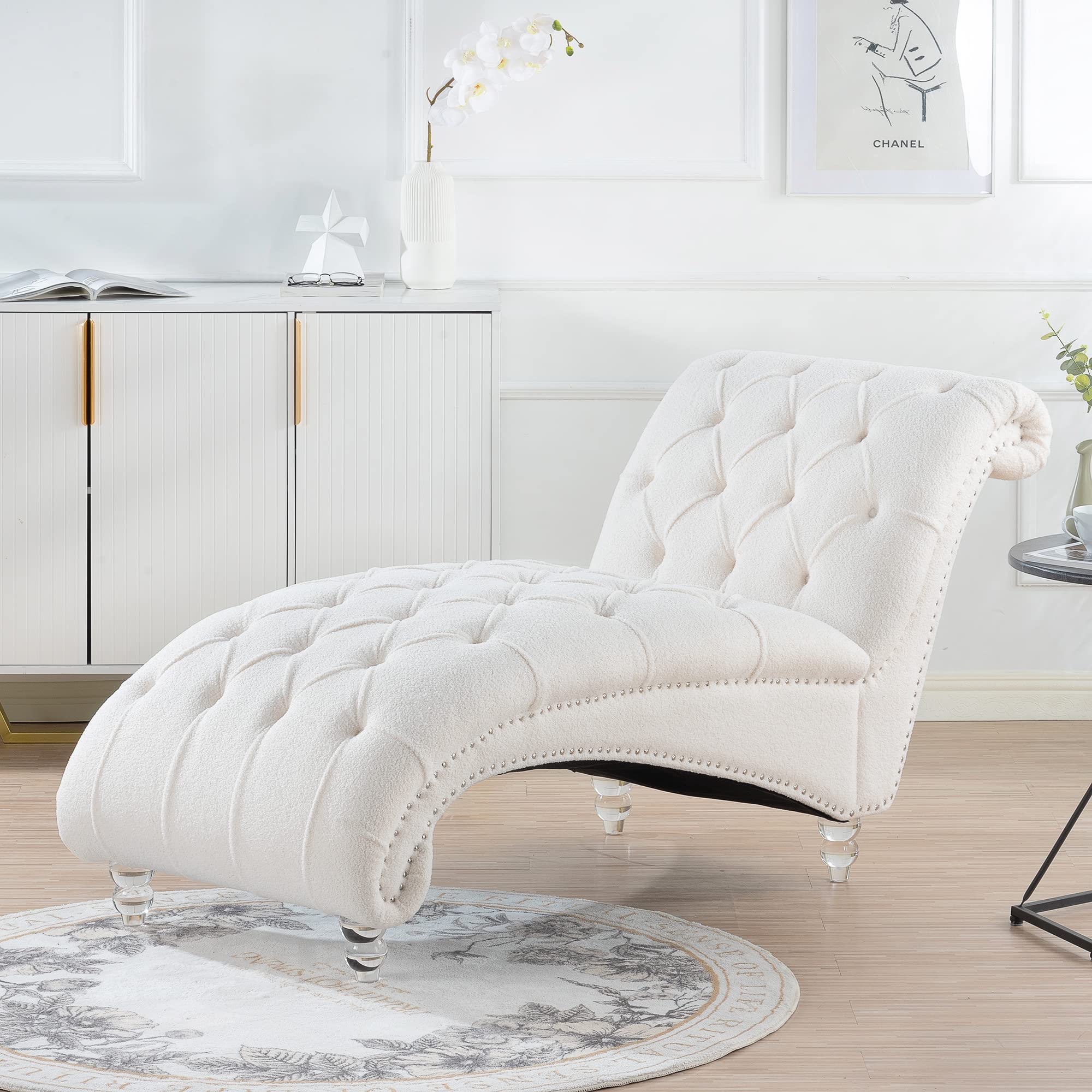 KEIKI Tufted Armless Chaise Lounge Chair, Velvet Lounge Chair with Solid Wood Leg, Upholstered Chaise for Living Room Bedroom Small Space Office Study, White