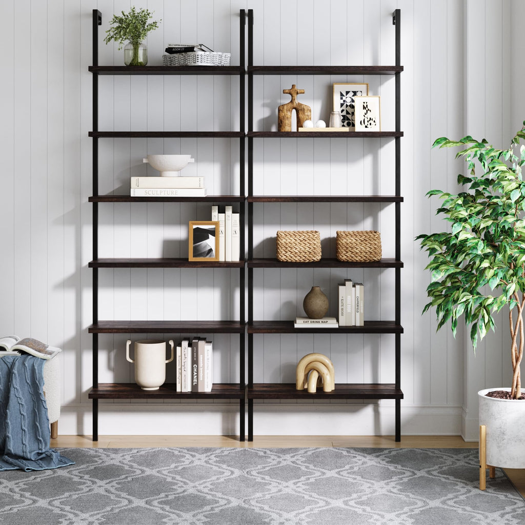 Nathan James Theo 6-Shelf Tall Bookcase, Wall Mount Bookshelf with Natural Wood Finish and Industrial Metal Frame, Nutmeg/Matte Black, Set of 2