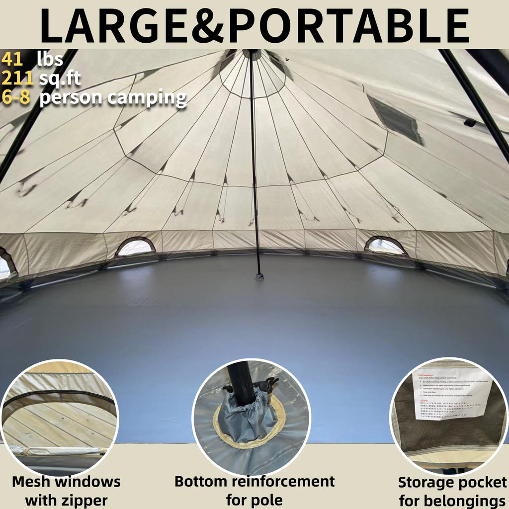 DANCHEL OUTDOOR B2 Portable Yurt with Stove Jack for All Year Living, 4 Season Bell Tent 6 Person Family Camping Glamping Party 300D Oxford Khaki,5m/16.4ft