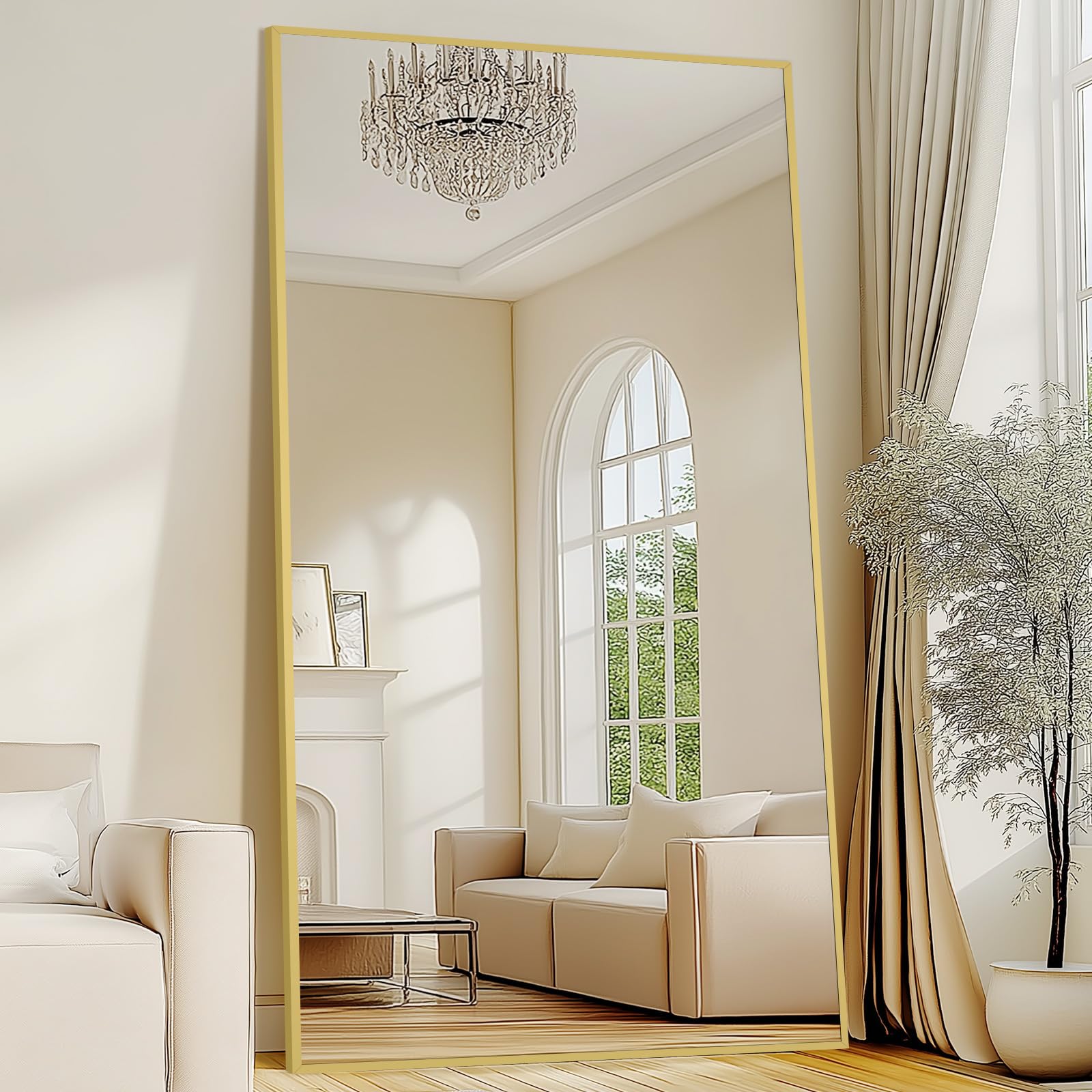 82"X44" Full Length Mirror with Stand, Oversized Floor Mirror Full Length, Tempered Glass Extra Large Free Standing Mirror for Gym Bedroom Living Room Clothing Store, Aluminum Alloy Frame, Gold