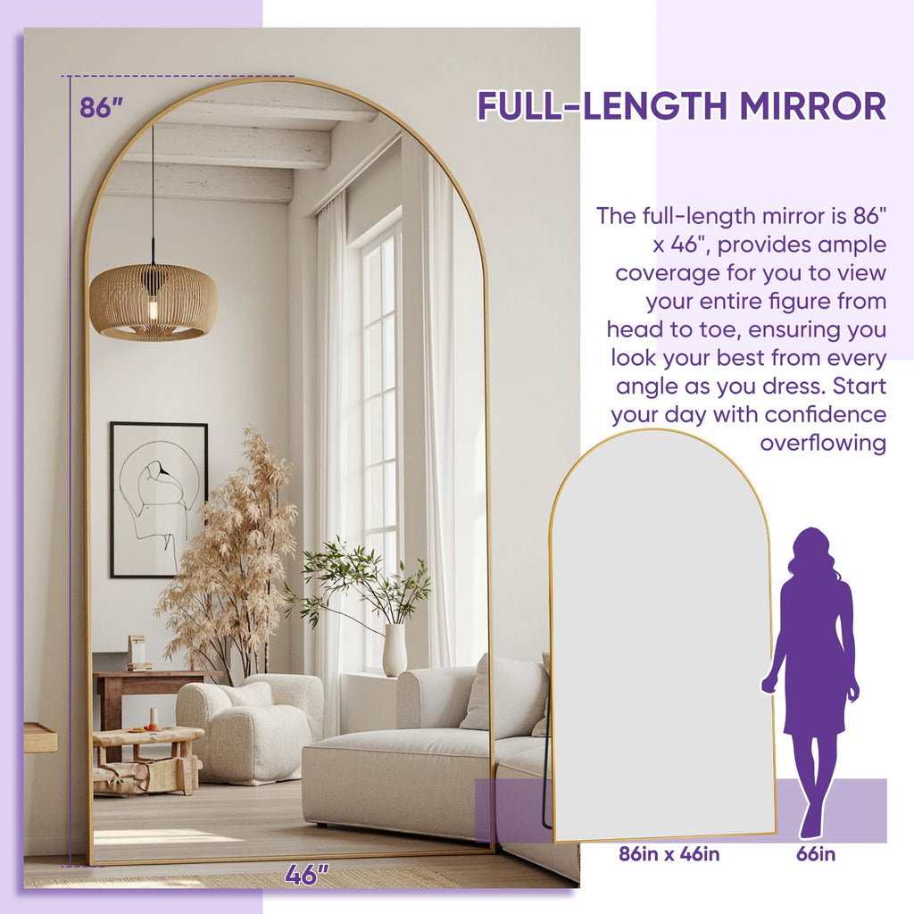 LadyNow Full Length Mirror, 86"x46" Arched Floor Mirror Freestanding, Floor Standing Full Body Mirror with Stand for Bedroom, Hanging Mounted for Living Room Cloakroom, Gold