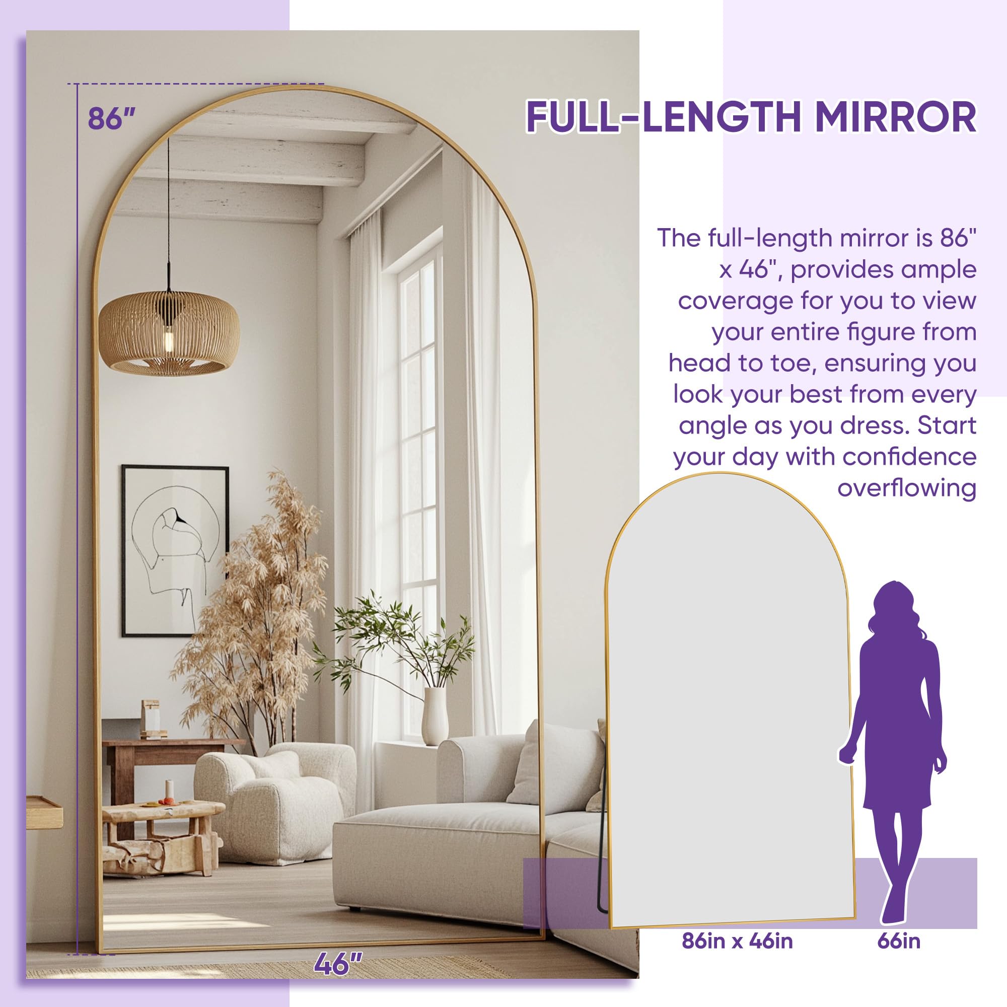 LadyNow Full Length Mirror, 86"x46" Arched Floor Mirror Freestanding, Floor Standing Full Body Mirror with Stand for Bedroom, Hanging Mounted for Living Room Cloakroom, Gold
