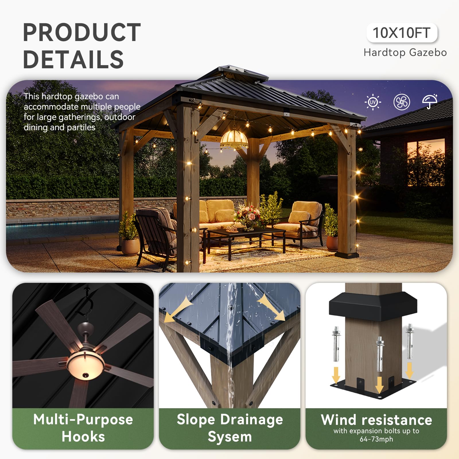 Aoxun 10' x 10' Outdoor Wood Gazebo, Hardtop Gazebo Permanent Wooden Pavilion with Galvanized Steel Double Roof, for Backyard, Garden, Deck, Cedar Wood, Grey