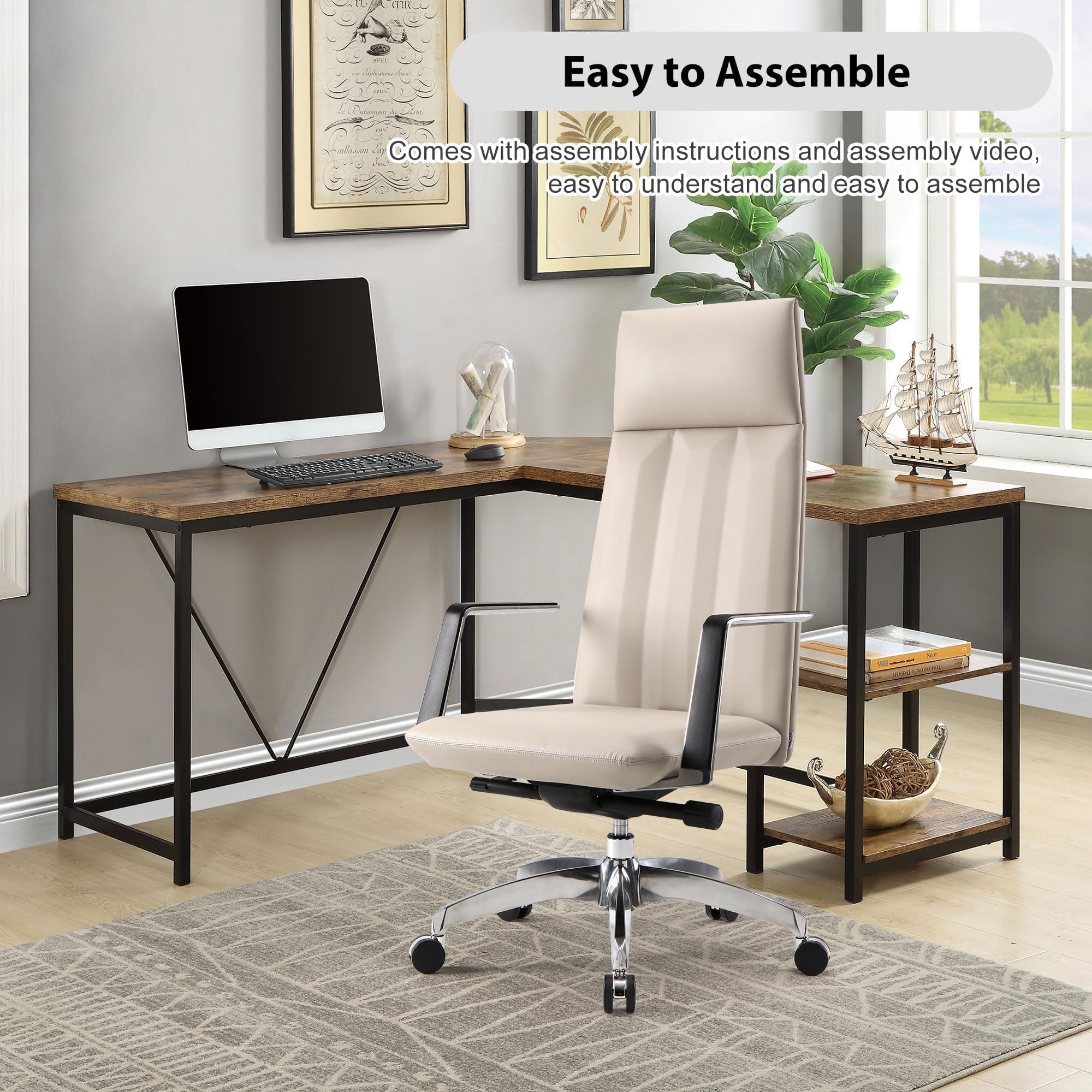 Ergonomic High Back Office Chair, Big and Tall Office Desk Chairs with Adjustable Height and Tilt Angle, Mid Century Modern Computer Desk Chair, Leather Executive Chair for Home Office(Khaki)