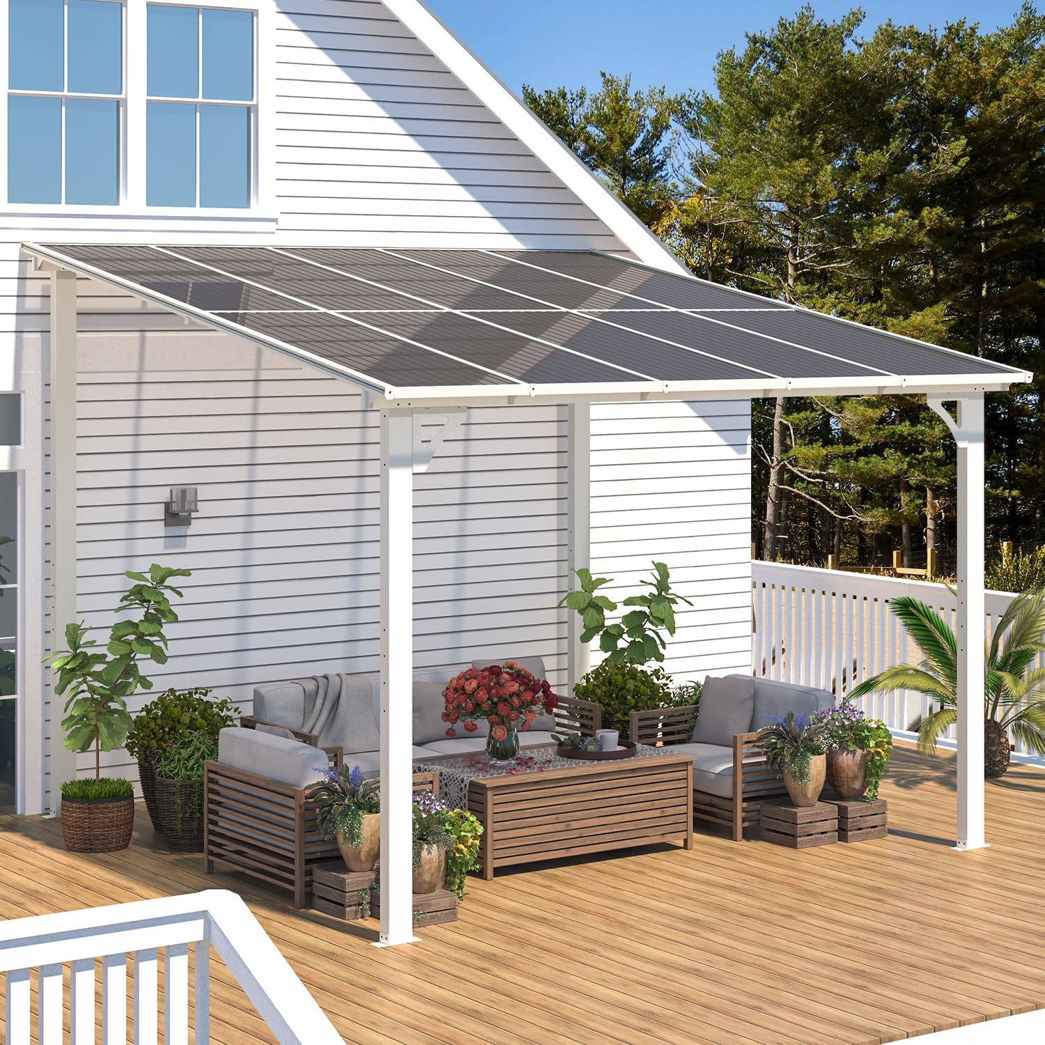 AECOJOY 10' x 10' Pergola Gazebo in White, Small Wall Mounted Pergolas and Gazebos on Clearance, Outdoor Patio Lean to Gazebo Metal Awnings for Deck, Porch, Backyard and More
