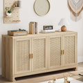GarveeHome 60 in Farmhouse Rattan Buffet Cabinet - 4-Door Woven Storage Sideboard with Adjustable Shelves, Kitchen Console Table for Dining Room & Living Room Entryway (Oak Brown)