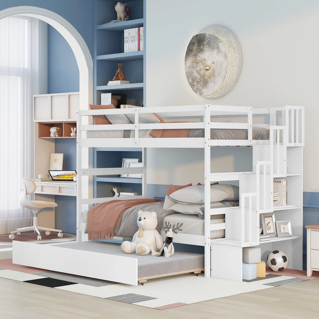 Twin Over Twin Bunk Bed with Trundle,Solid Wood Bunk Beds with Storage Stairs,Bunk Bed Twin Size with Stairs for Kids,Teens,Adults,White