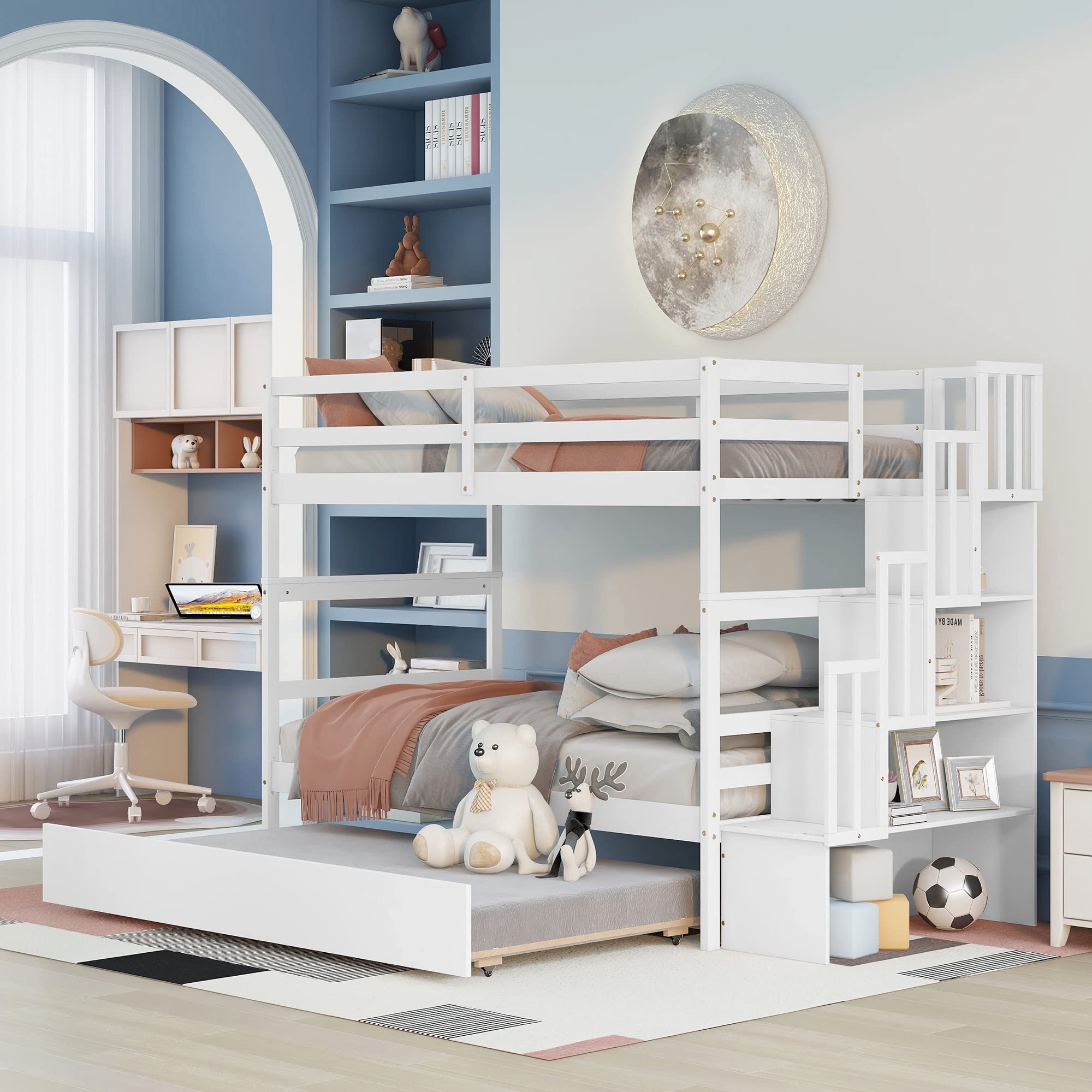 Twin Over Twin Bunk Bed with Trundle,Solid Wood Bunk Beds with Storage Stairs,Bunk Bed Twin Size with Stairs for Kids,Teens,Adults,White