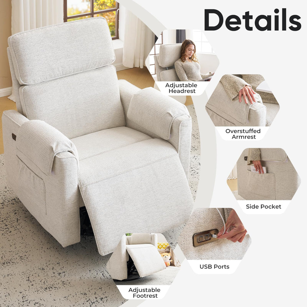 Rhevoy Oversized Power Recliner Chair, 26" Extra Wide Swivel Rocker Recliner with Adjustable Headrest, Chenille Glider Rocking Nursery Chair with Overstuffed Armrest, USB Ports, White