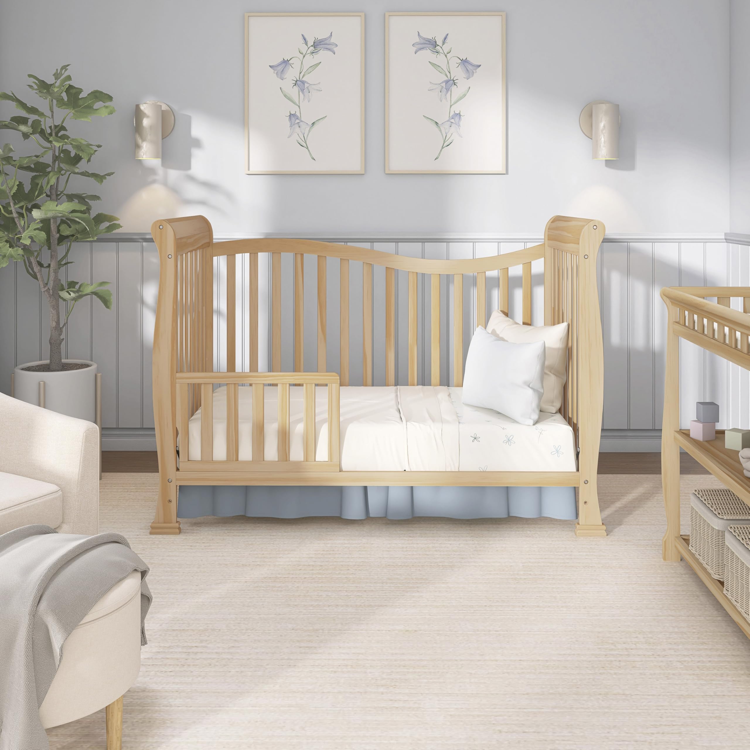 Dream On Me Violet 7-in-1 Convertible Full-Size Baby Crib with Toddler, Day & Full Bed Conversion in Natural, GreenGuard Gold & BSA, 4 Mattress Heights, Sustainable Pinewood