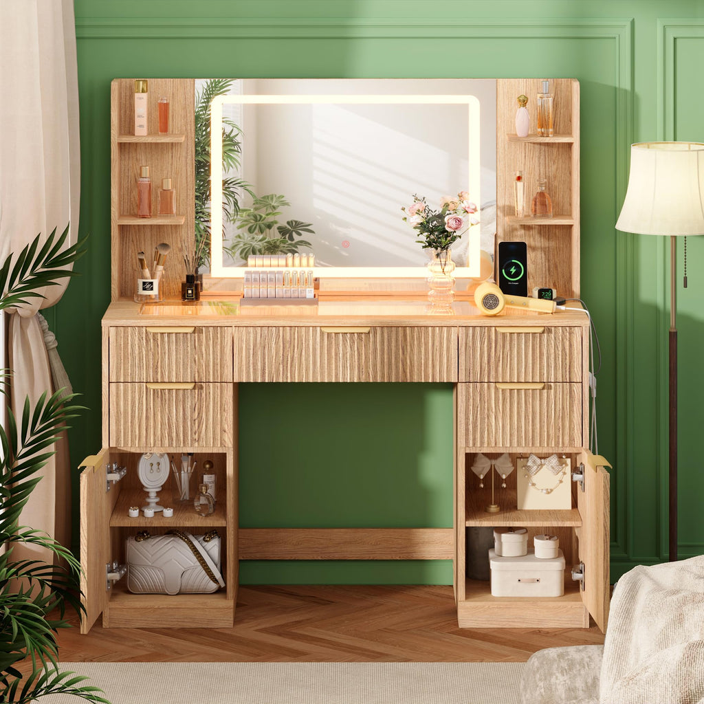 Fkhouse Fluted Vanity Desk with 30.2" Mirror and Lights, Glass Top Makeup Vanity with Desktop Light Strips, 5 Drawers, 2 Cabinet & 6 Open Shelves, Power Outlet, Lighting Adjustable,Natural