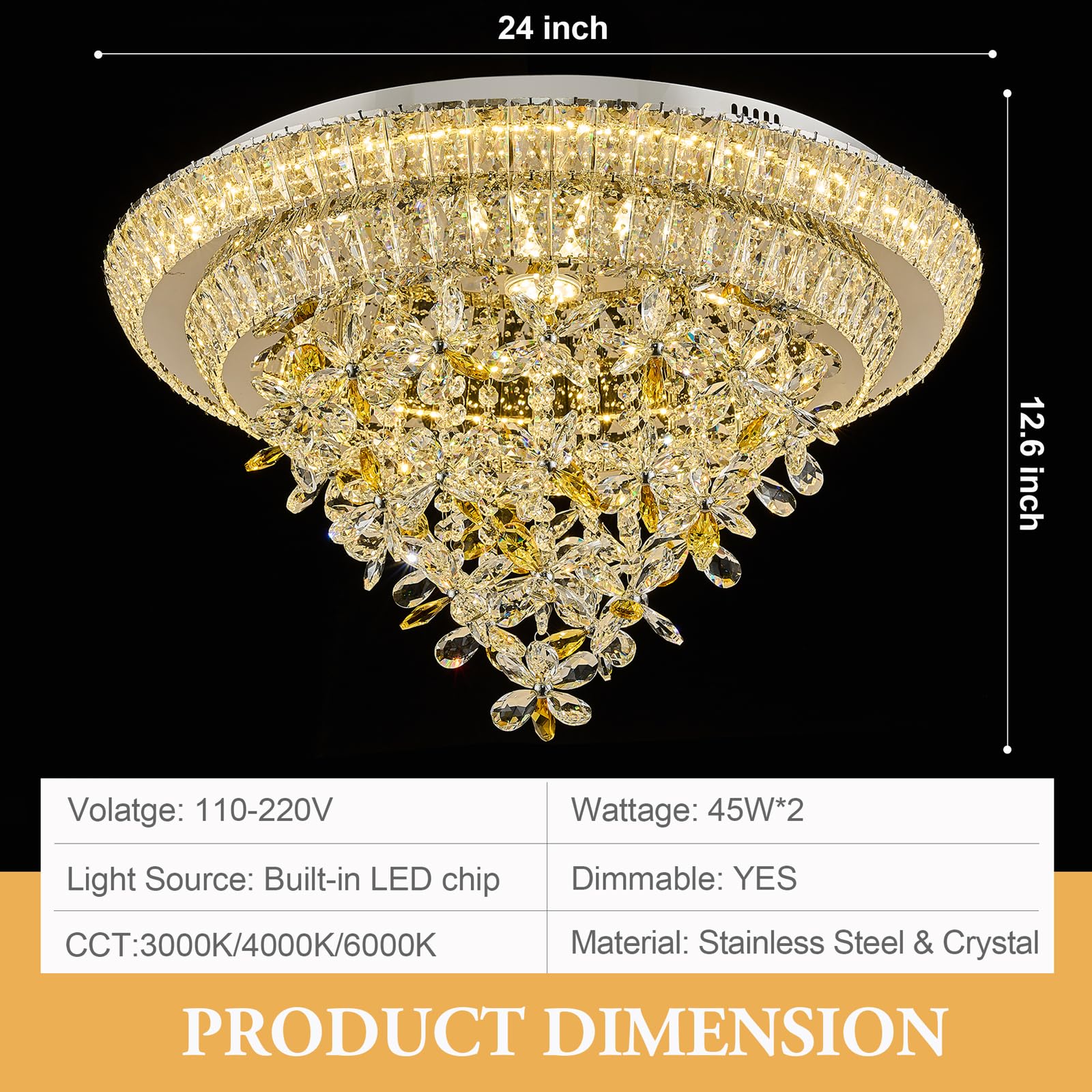 24 inch Sliver LED Crystal Ceiling Light, Flush Mount Chandeliers with Remote and APP Control, 3CCT Dimmable, Modern Elegant Raindrop Chandelier Light Fixture for Bedroom Dining Room Living Room Foyer