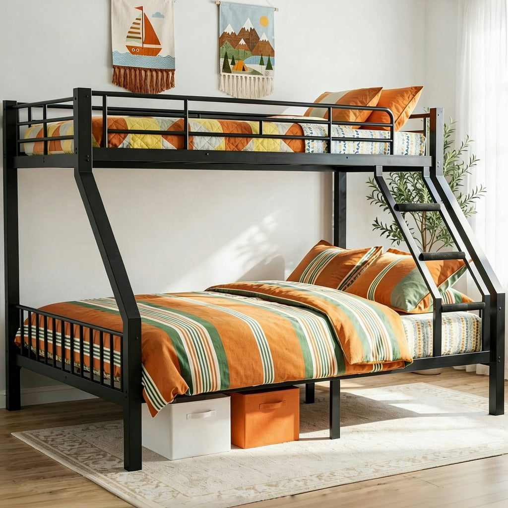 Mixcous Twin XL Over Queen Bunk Bed for Adults, Heavy Duty Metal Bunk Beds with Safety Guardrails & EVA Padded Ladder, Twin XL Over Queen Bunk Beds Frame with Noise-Free Slats, Space-Saving(Black)