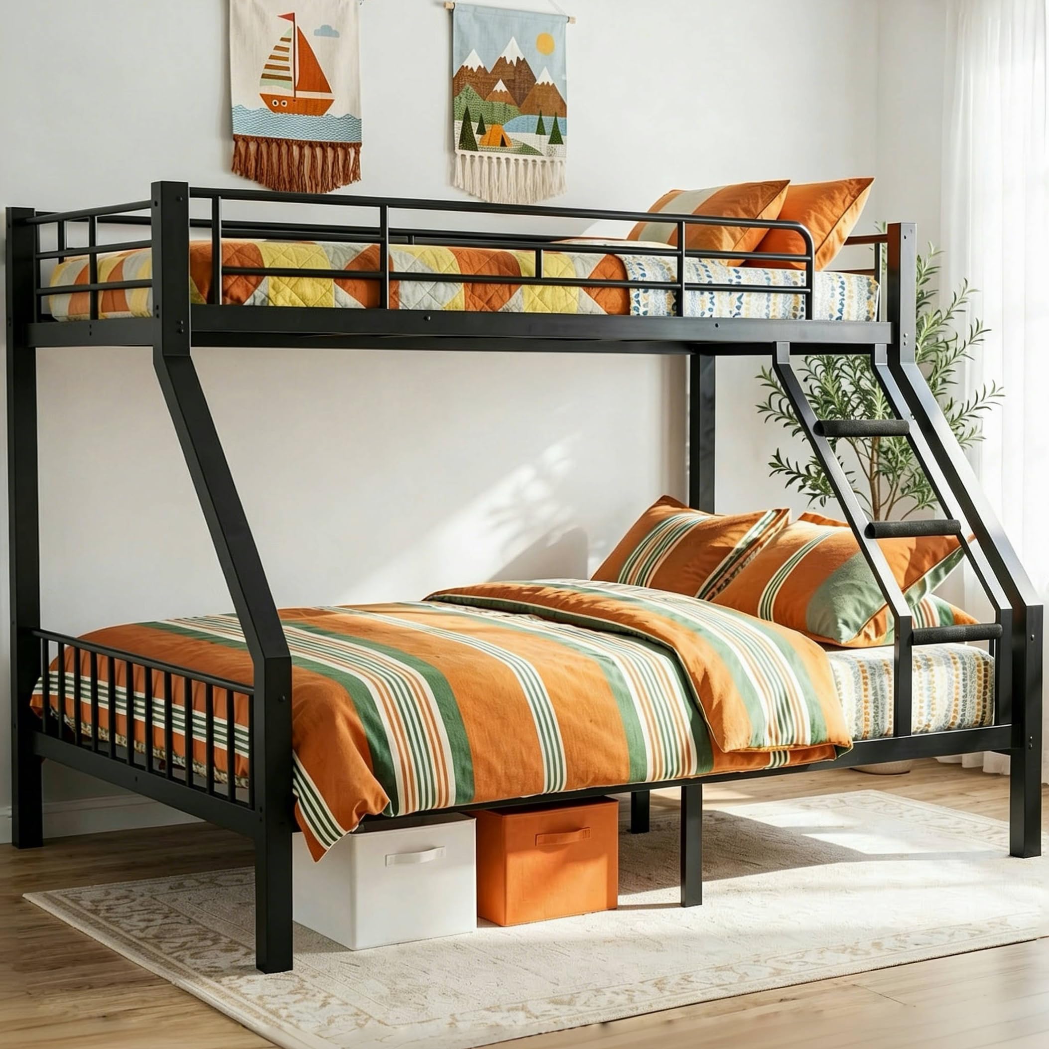 Mixcous Twin XL Over Queen Bunk Bed for Adults, Heavy Duty Metal Bunk Beds with Safety Guardrails & EVA Padded Ladder, Twin XL Over Queen Bunk Beds Frame with Noise-Free Slats, Space-Saving(Black)
