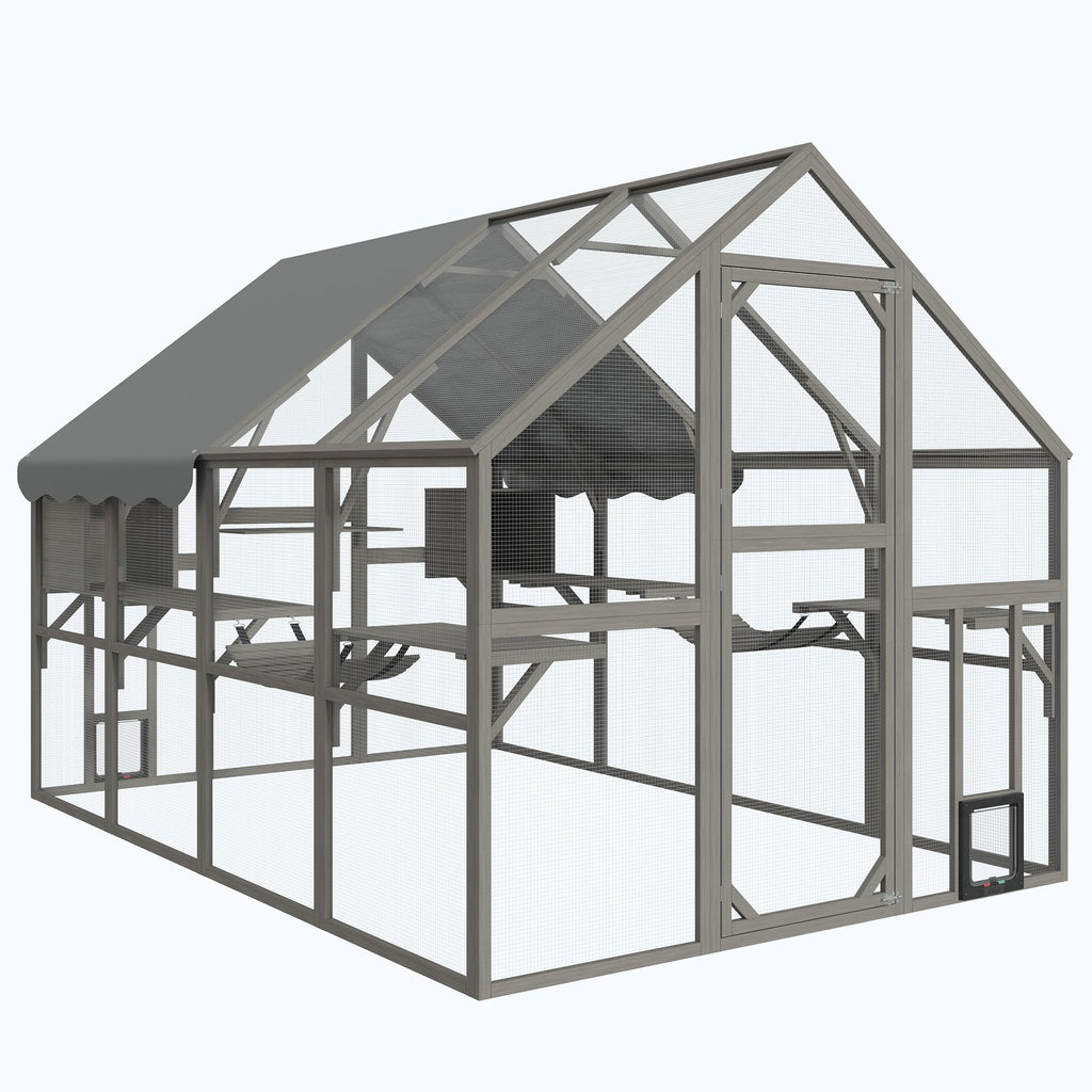 Fansafurn Extra Large Catio – Walk-in Outdoor Cat Enclosure for Multiple Cats, 110" Multi-Level Wood Cat Patio Playpen with Weatherproof Roof, Bridges, Condos and Door Access