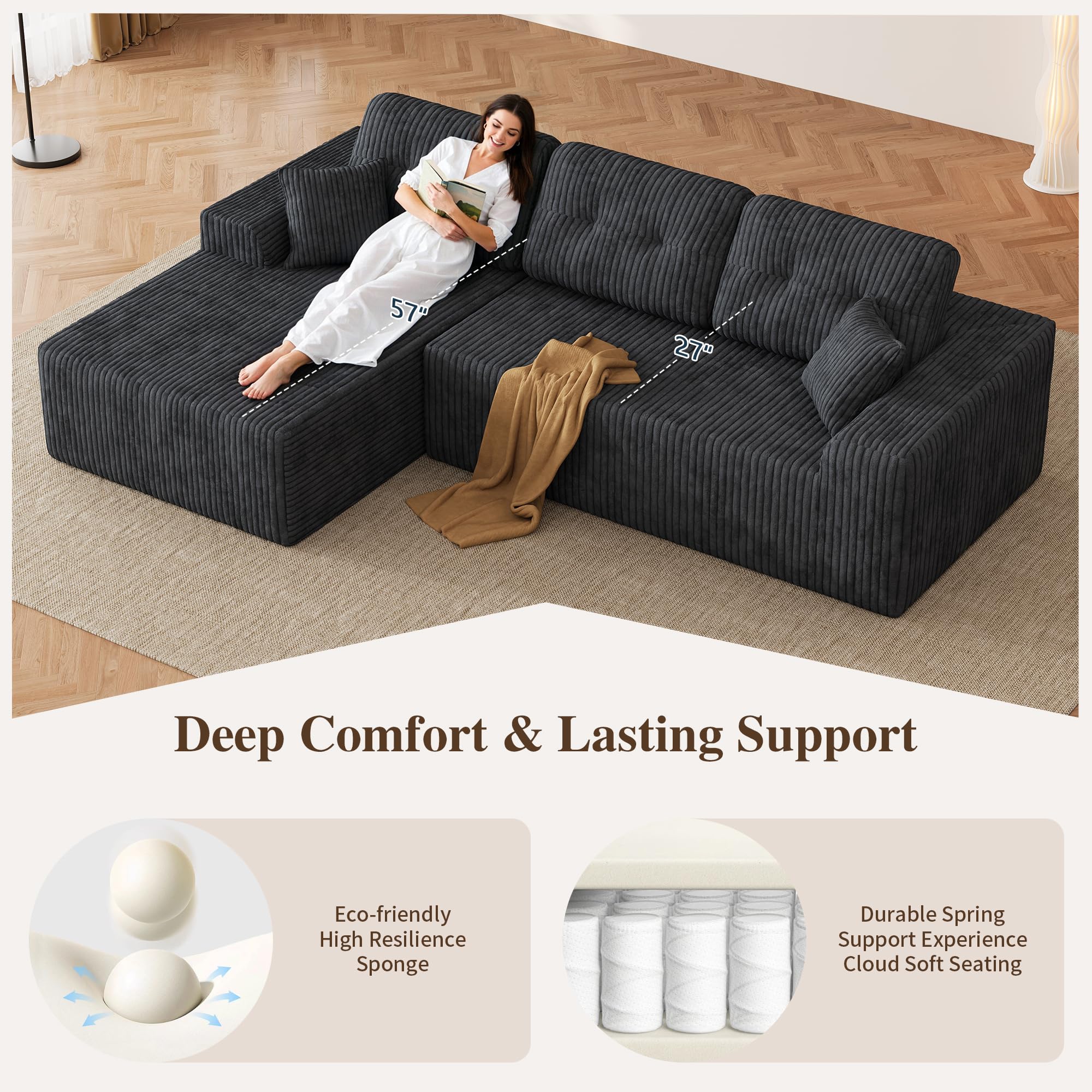 Ball & Cast 106" Boneless Sectional Sofa, Corduroy Modular L Shaped Couch with Deep Seat Chaise, Cloud Style Oversized Sofa for Living Room, No Assembly, Left Facing, Grey