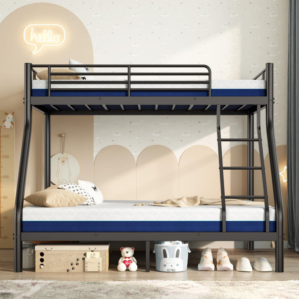 soges Twin Over Full Metal Bunk Bed Set with 6" Mattresses Included, All-in-One Bunk Bed for Adults, Heavy Duty Bunk Beds with Ladder & Guardrail, with Two Memory Foam Mattresses, Black