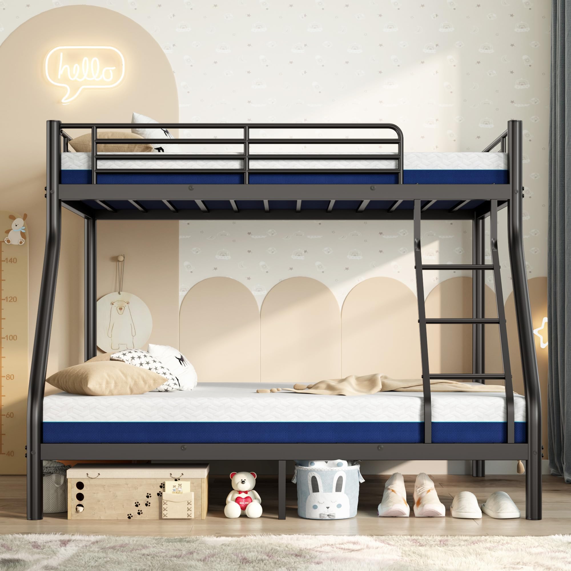 soges Twin Over Full Metal Bunk Bed Set with 6" Mattresses Included, All-in-One Bunk Bed for Adults, Heavy Duty Bunk Beds with Ladder & Guardrail, with Two Memory Foam Mattresses, Black